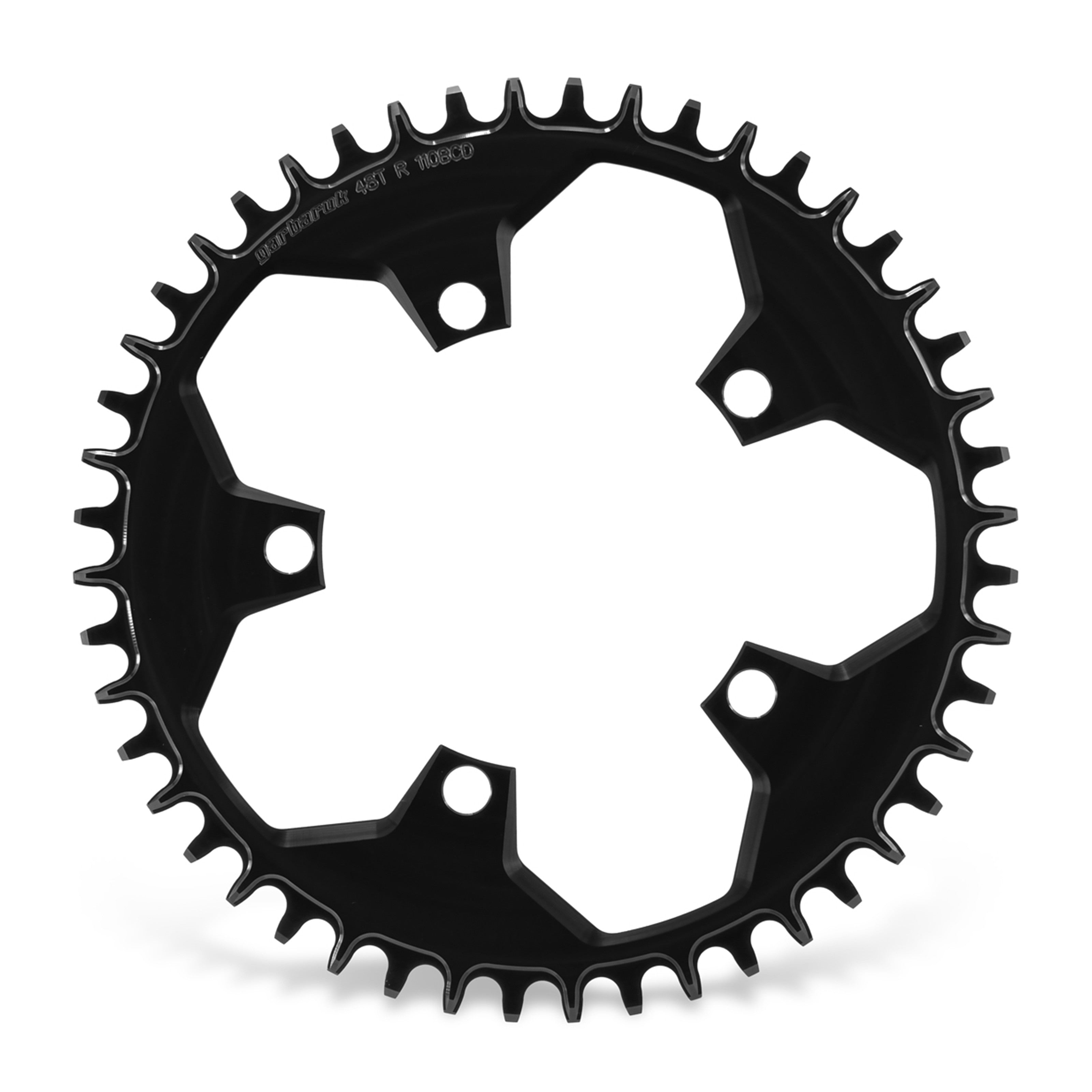 Garbaruk 110 BCD 5-bolt chainring in black, 48T, showing precise CNC machining and unique tooth profile design