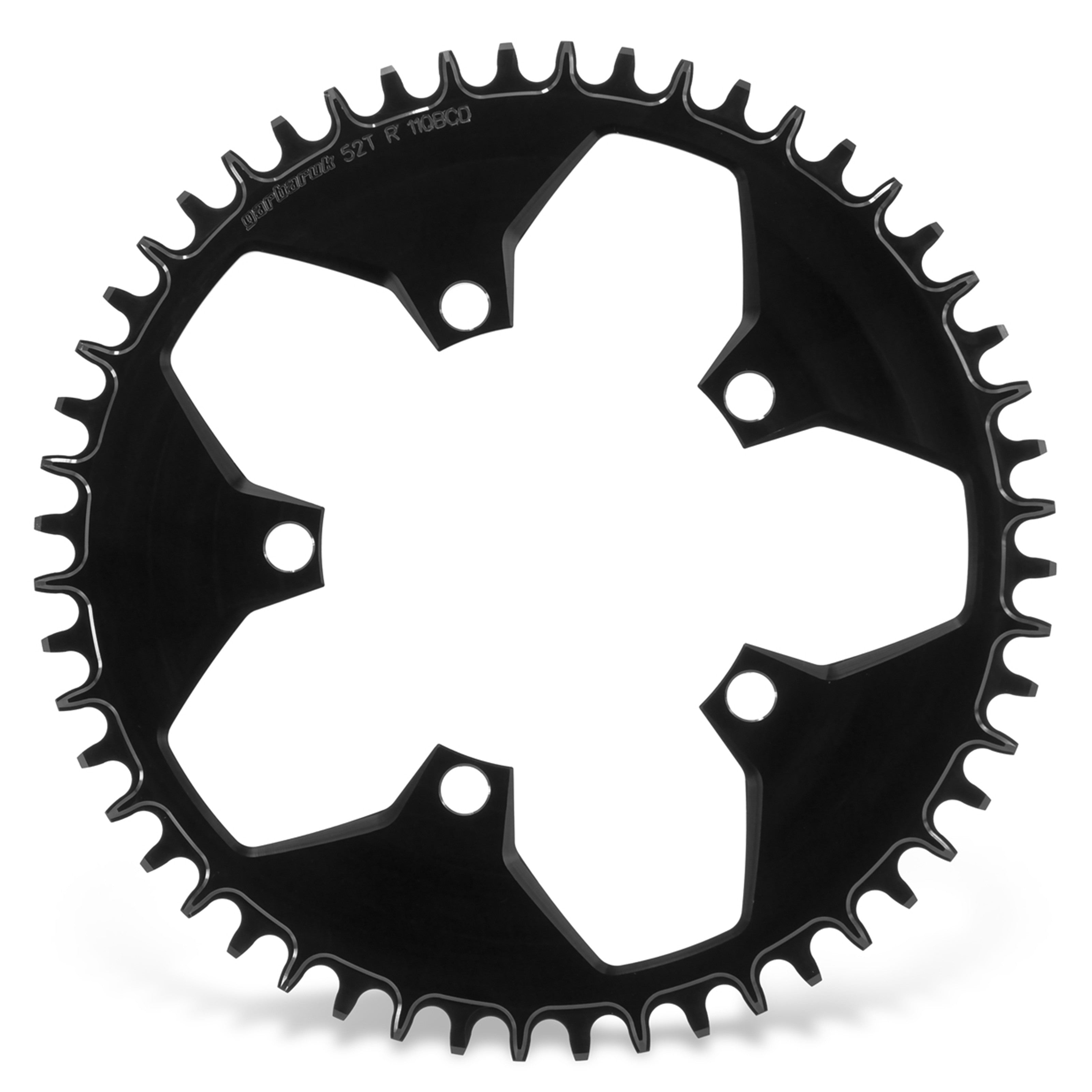 Garbaruk 110 BCD 5-bolt chainring in black, 52T, showing precise CNC machining and unique tooth profile design