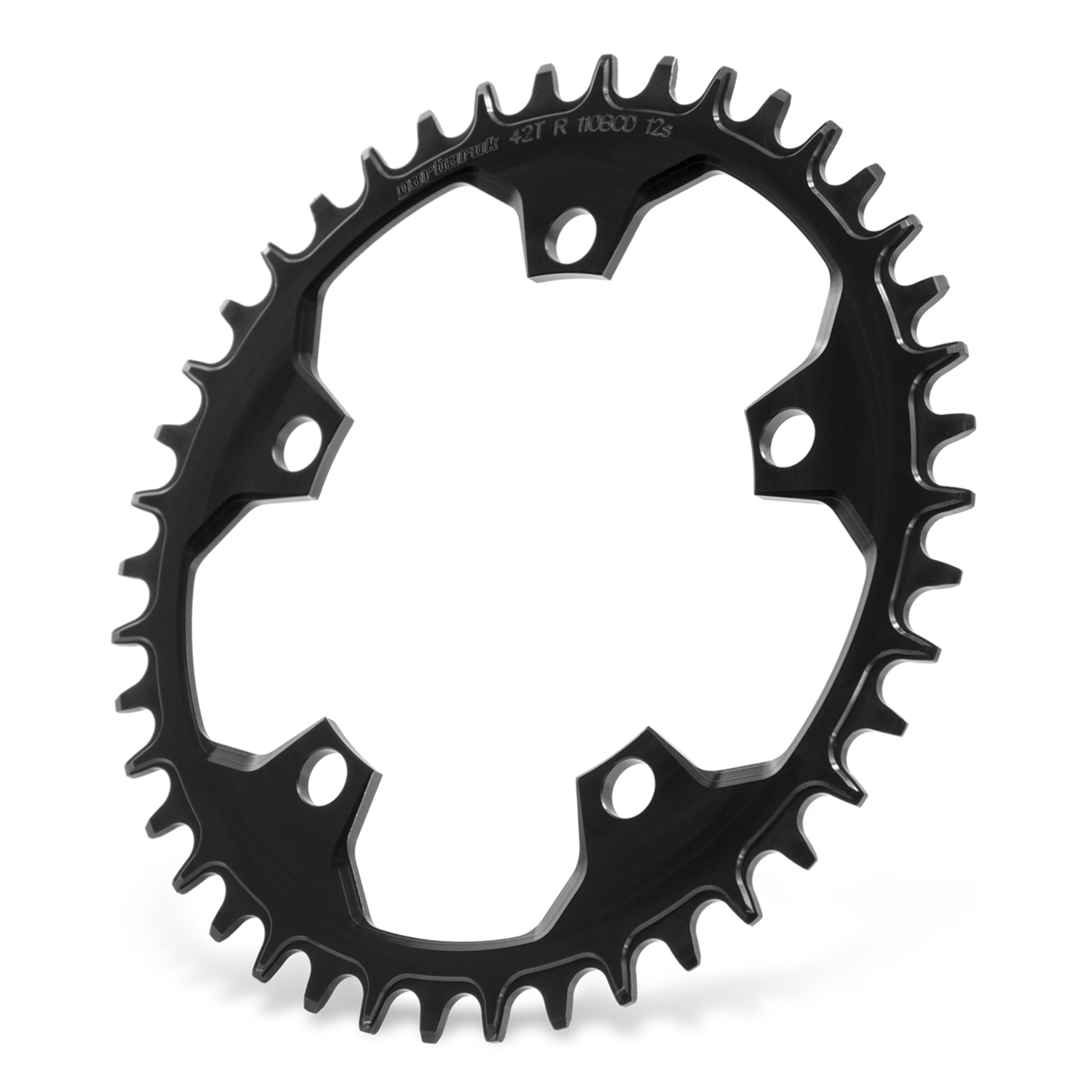 Garbaruk 110 BCD 5-bolt chainring in black, angled view highlighting the narrow-wide tooth profile and lightweight construction