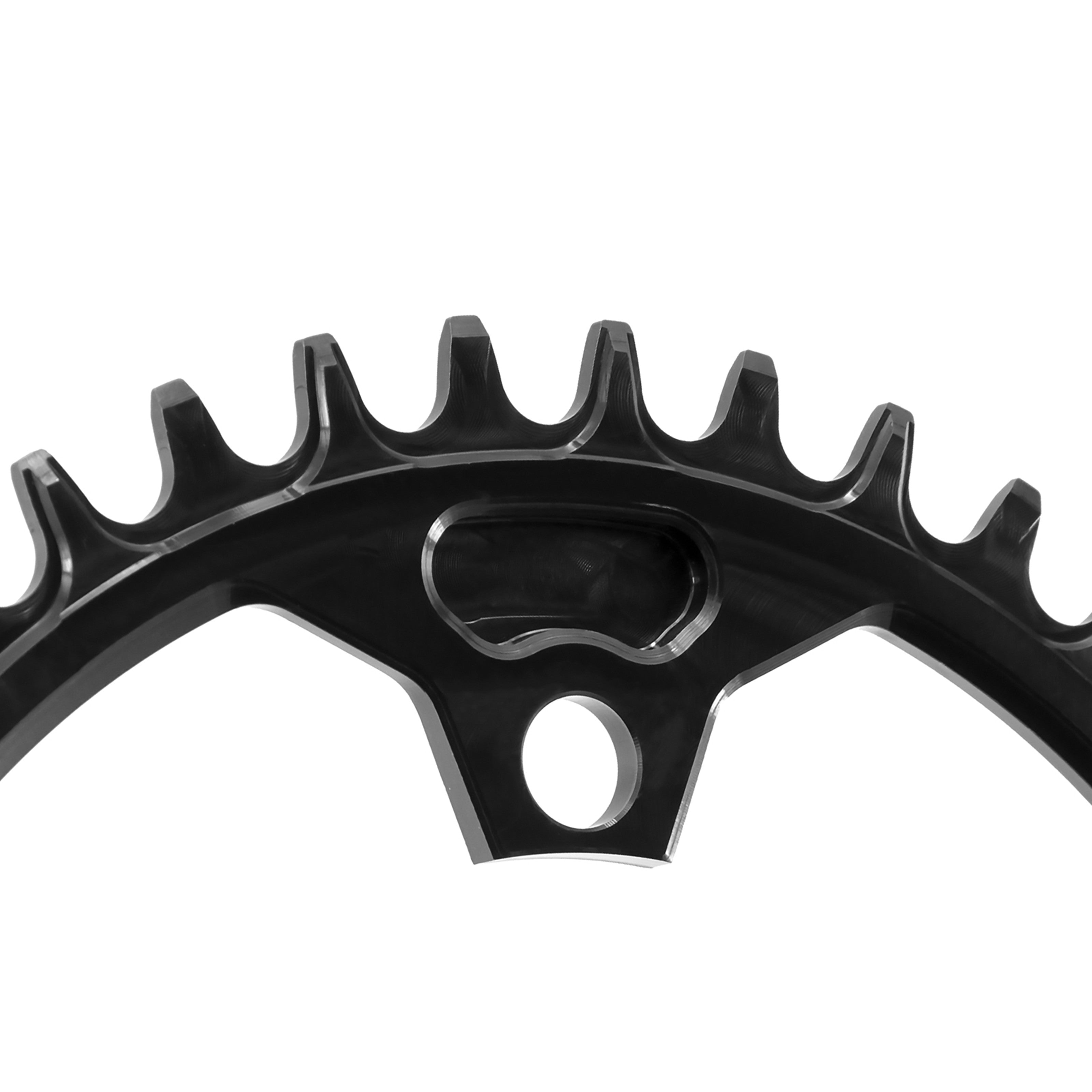 Close-up of Garbaruk 110 BCD 5-bolt chainring in black, showing detailed machining and uniquely profiled tooth design