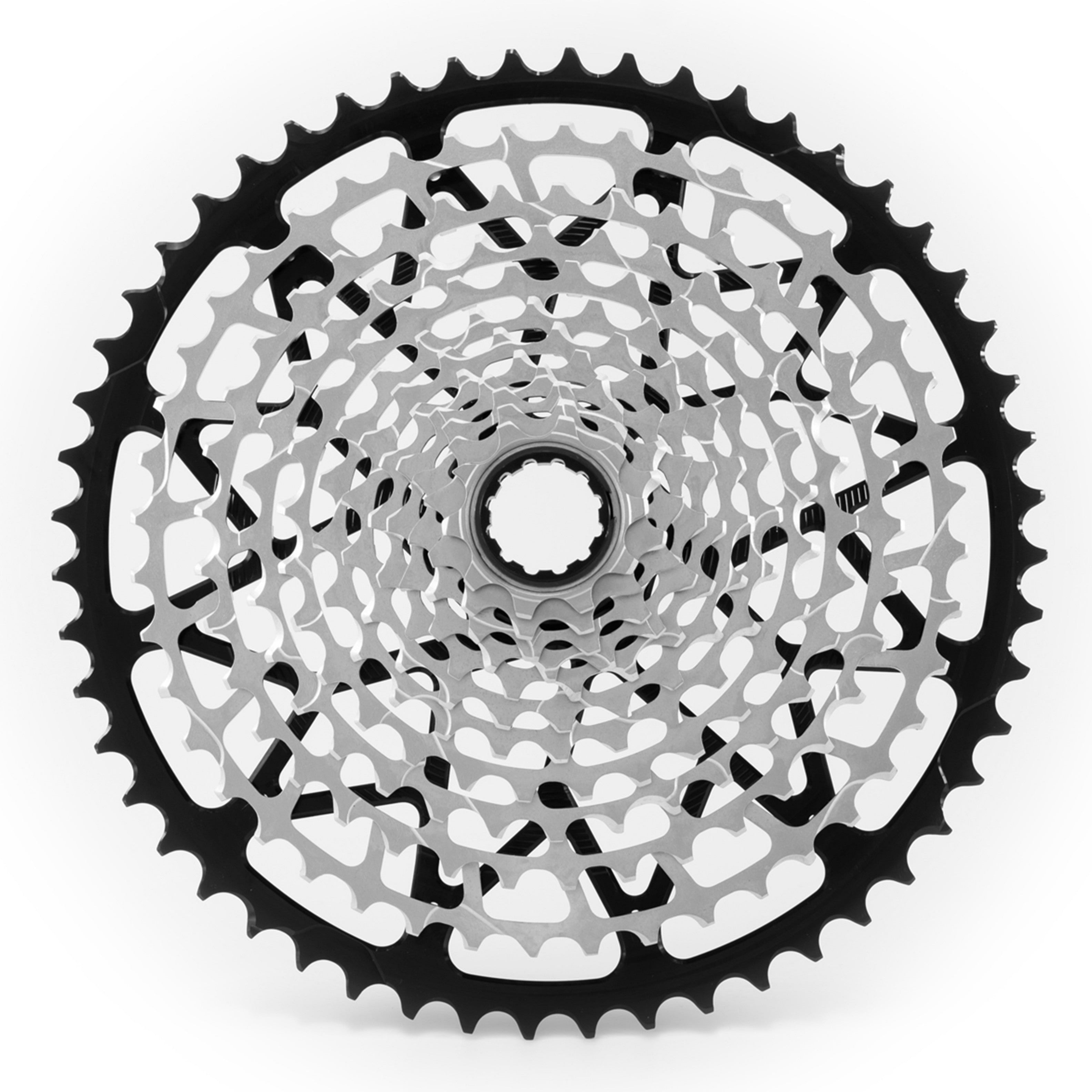 Garbaruk 12sp SRAM cassette in black, highlighting the CNC-machined monoblock construction and unique tooth profiling