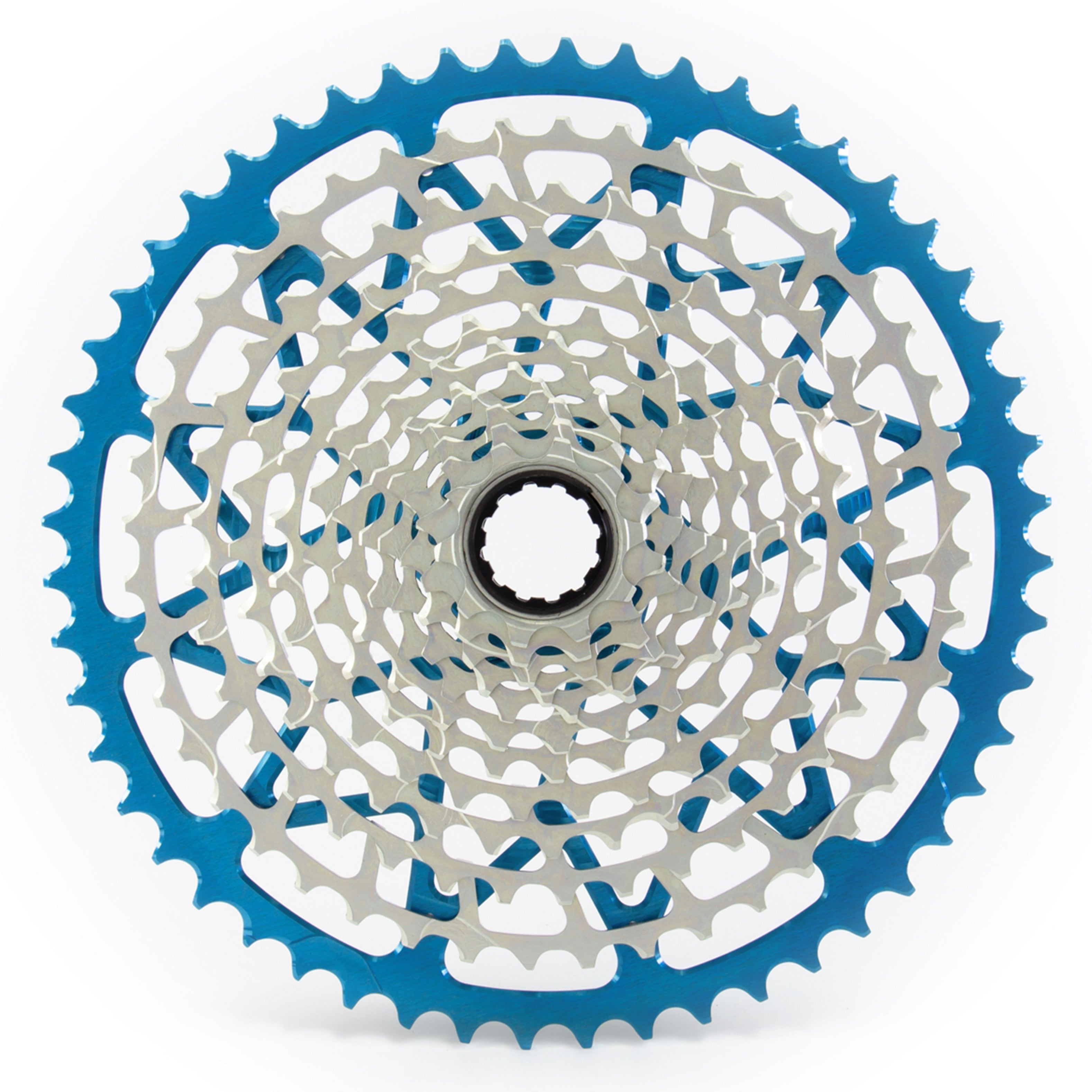 Garbaruk 12sp SRAM cassette in blue, highlighting the CNC-machined monoblock construction and unique tooth profiling
