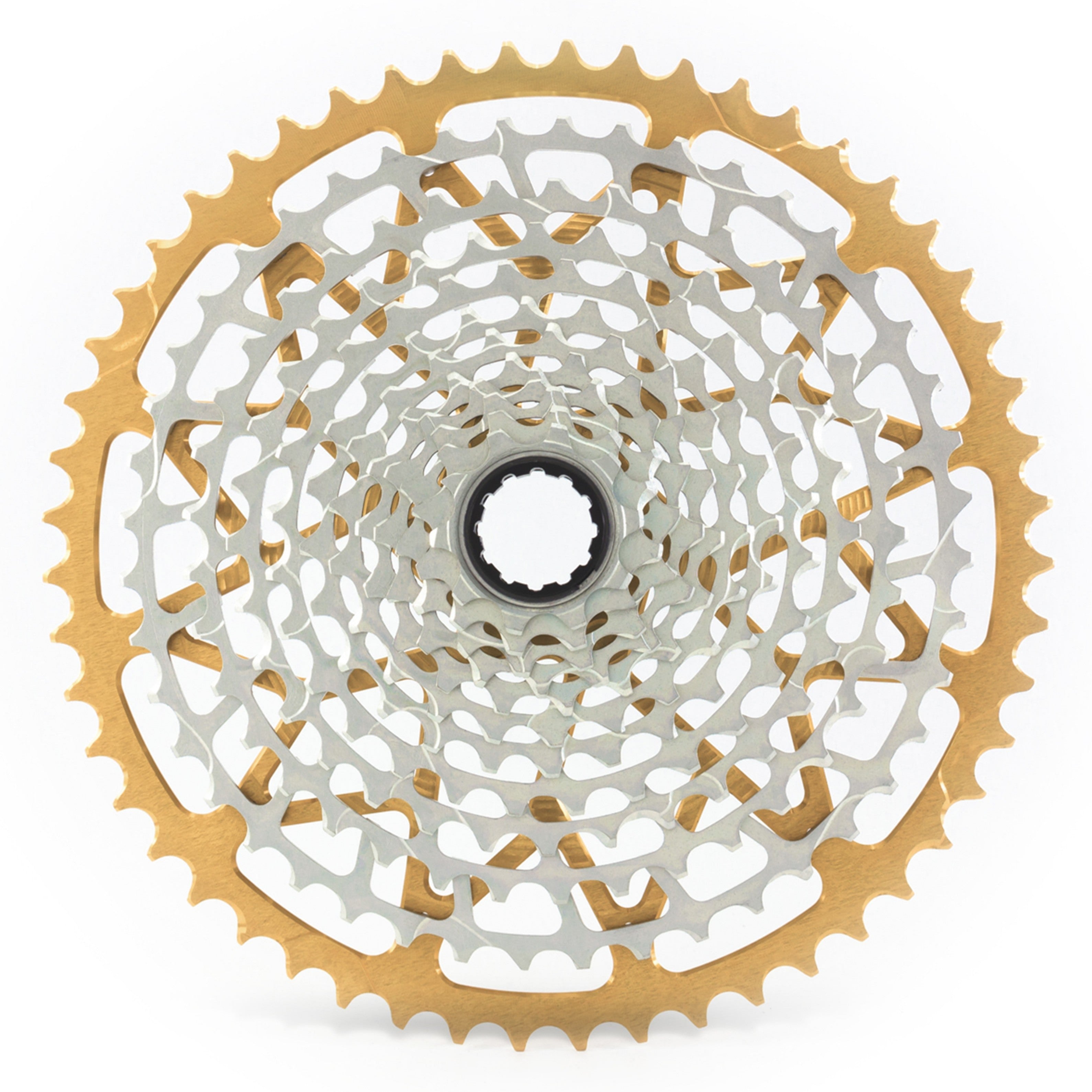 Garbaruk 12sp SRAM cassette in gold, highlighting the CNC-machined monoblock construction and unique tooth profiling