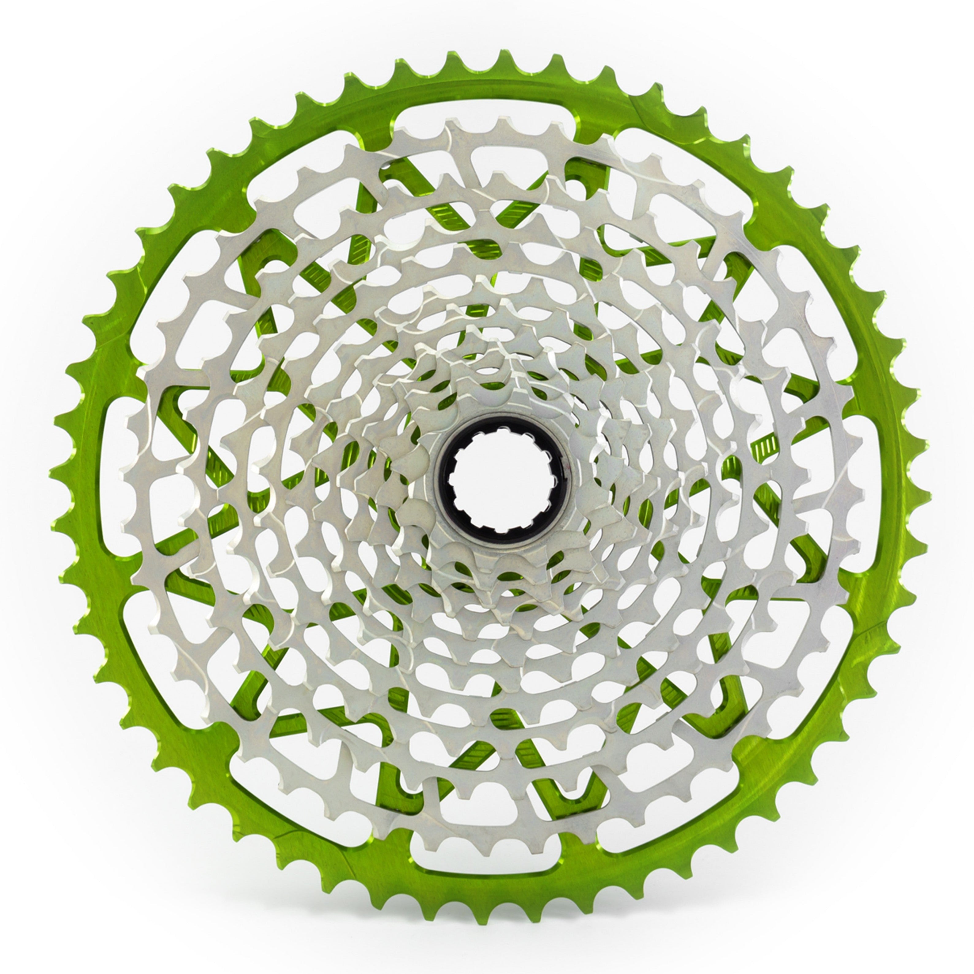 Garbaruk 12sp SRAM cassette in green, highlighting the CNC-machined monoblock construction and unique tooth profiling