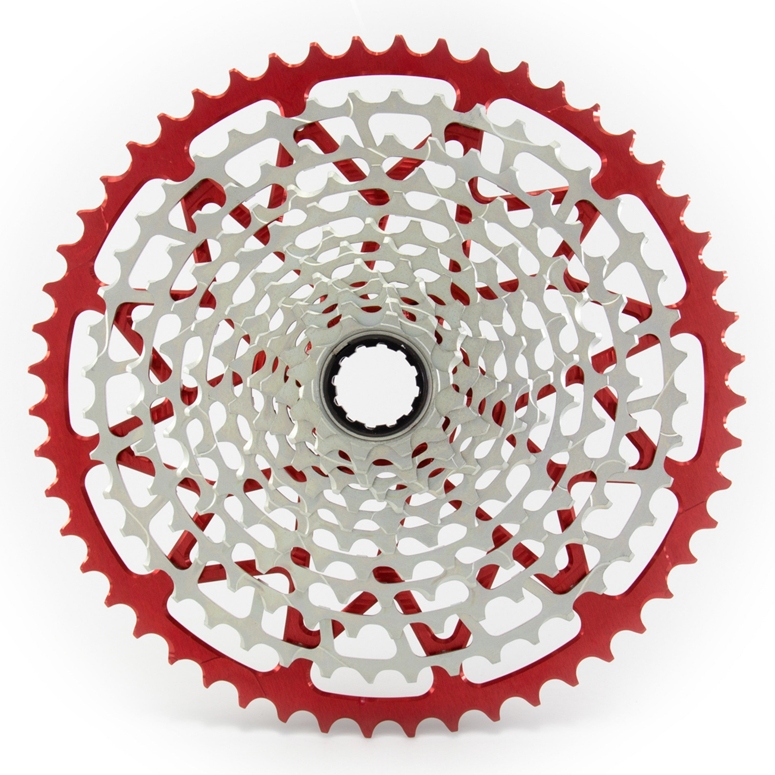 Garbaruk 12sp SRAM cassette in red, highlighting the CNC-machined monoblock construction and unique tooth profiling