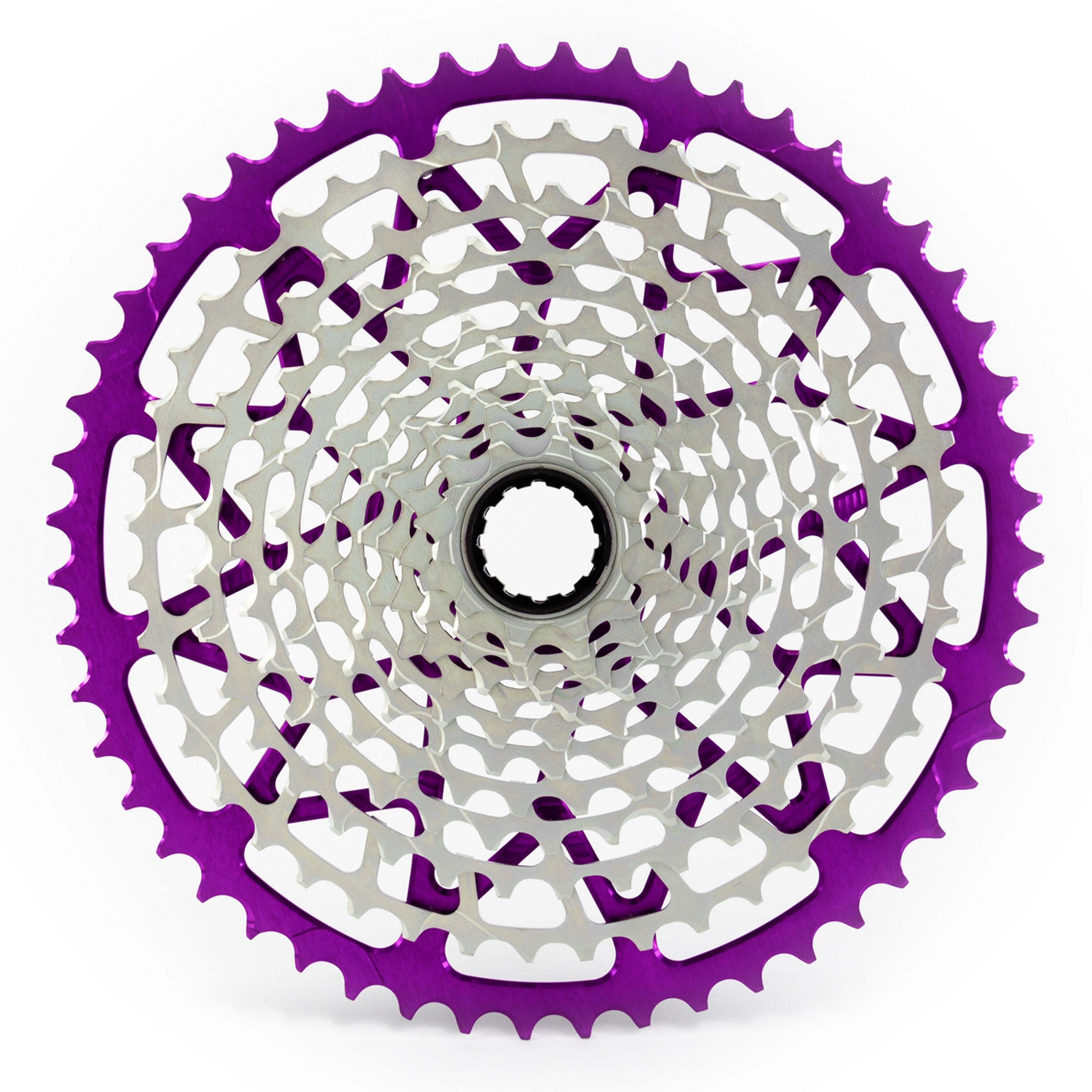 Garbaruk 12sp SRAM cassette in violet, highlighting the CNC-machined monoblock construction and unique tooth profiling