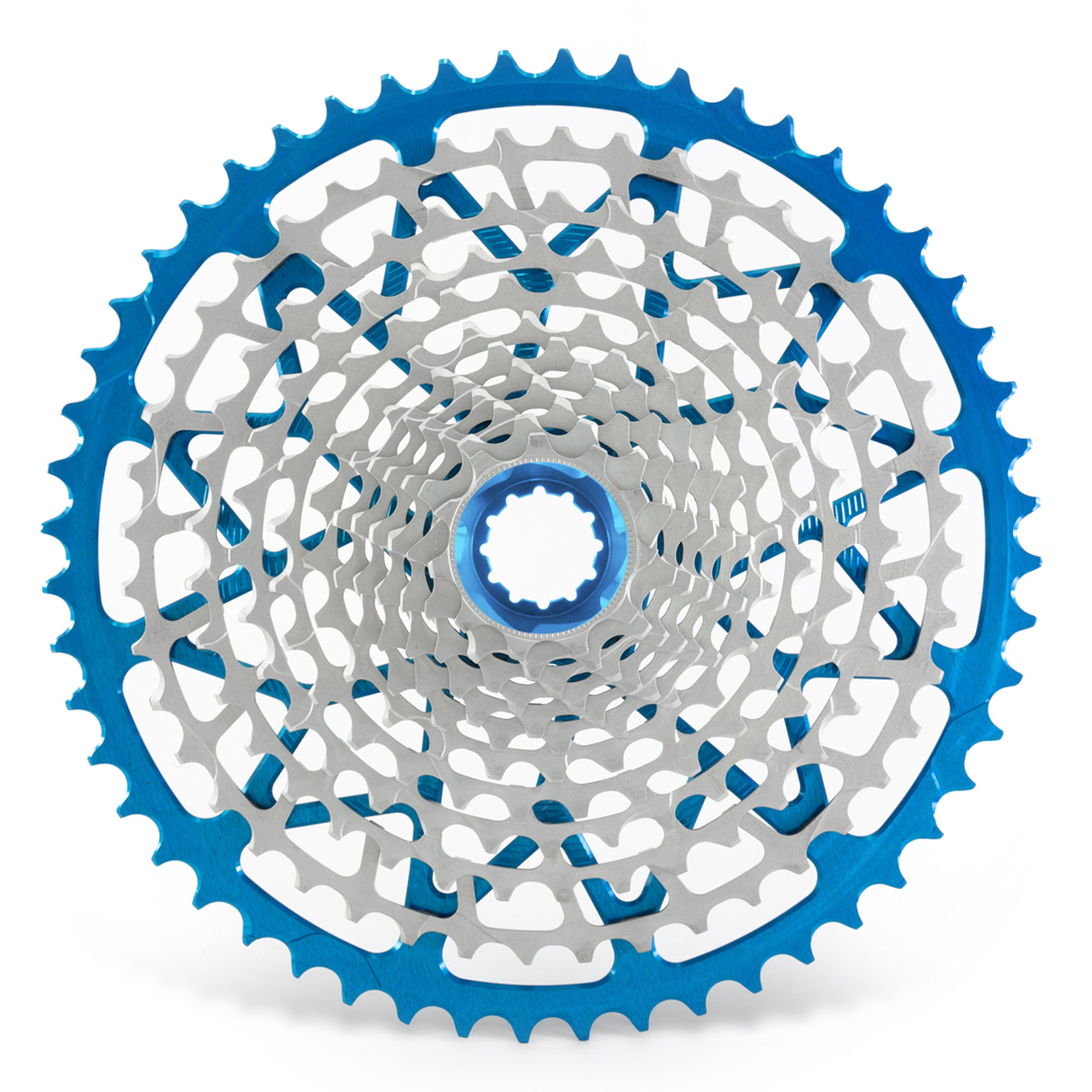 Garbaruk 12sp cassette Shimano in blue, highlighting the CNC-machined monoblock construction and unique tooth profiling
