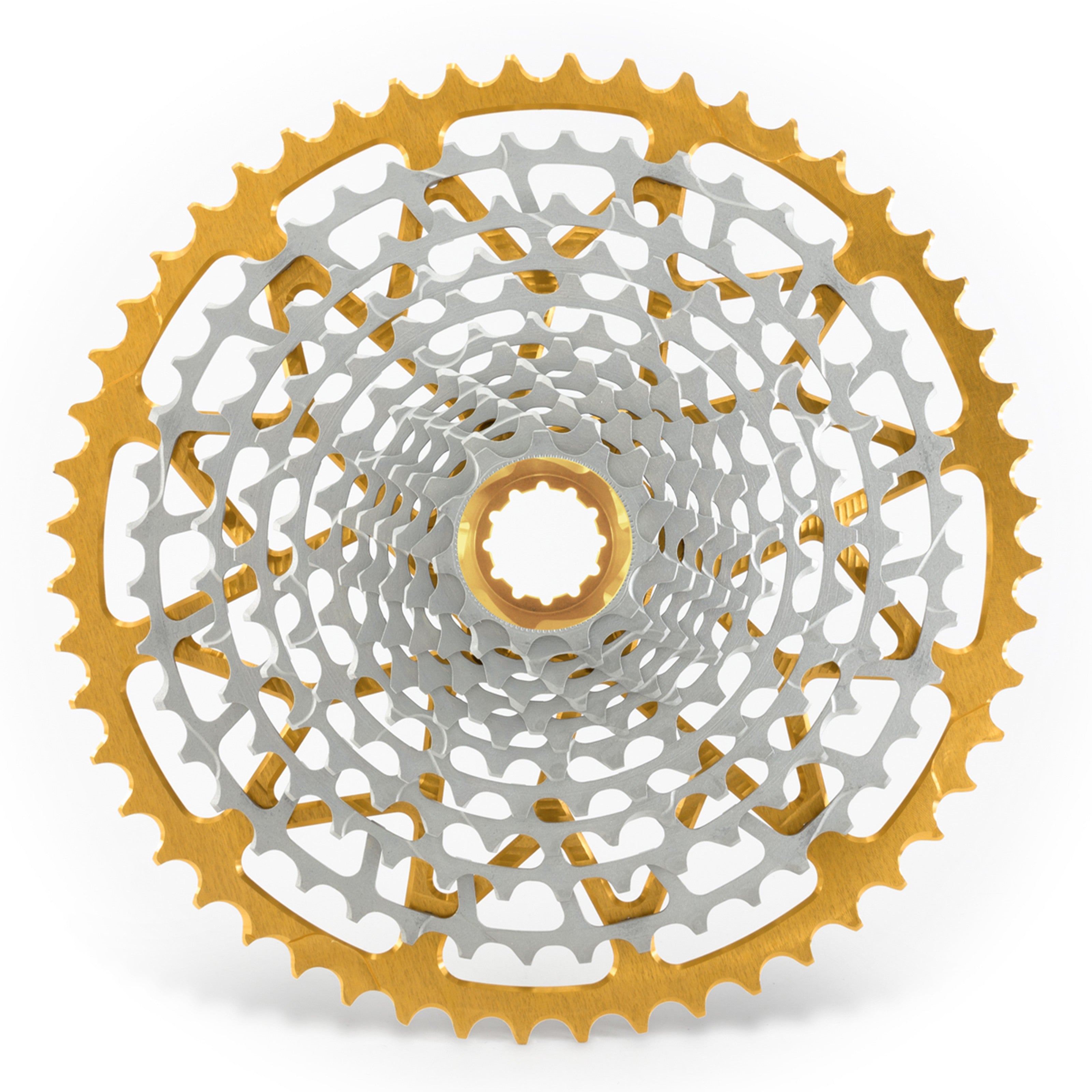 Garbaruk 12sp cassette Shimano in gold, highlighting the CNC-machined monoblock construction and unique tooth profiling