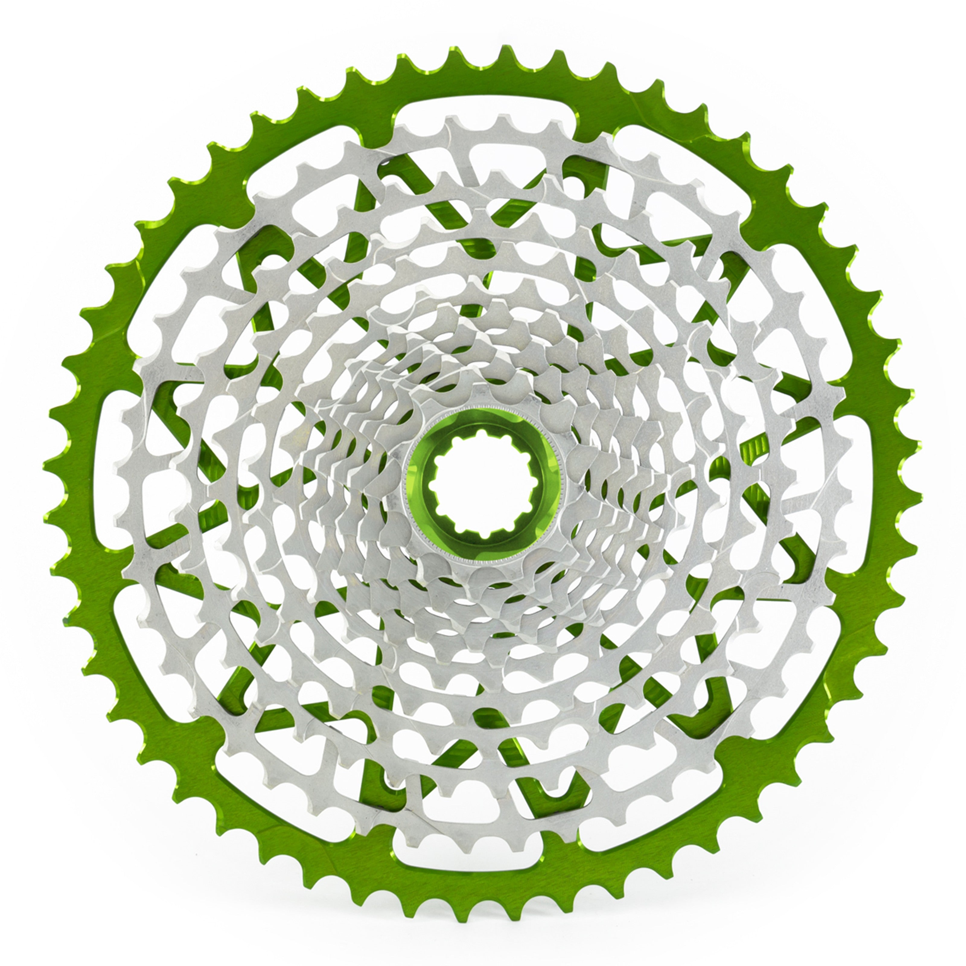 Garbaruk 12sp cassette Shimano in green, highlighting the CNC-machined monoblock construction and unique tooth profiling