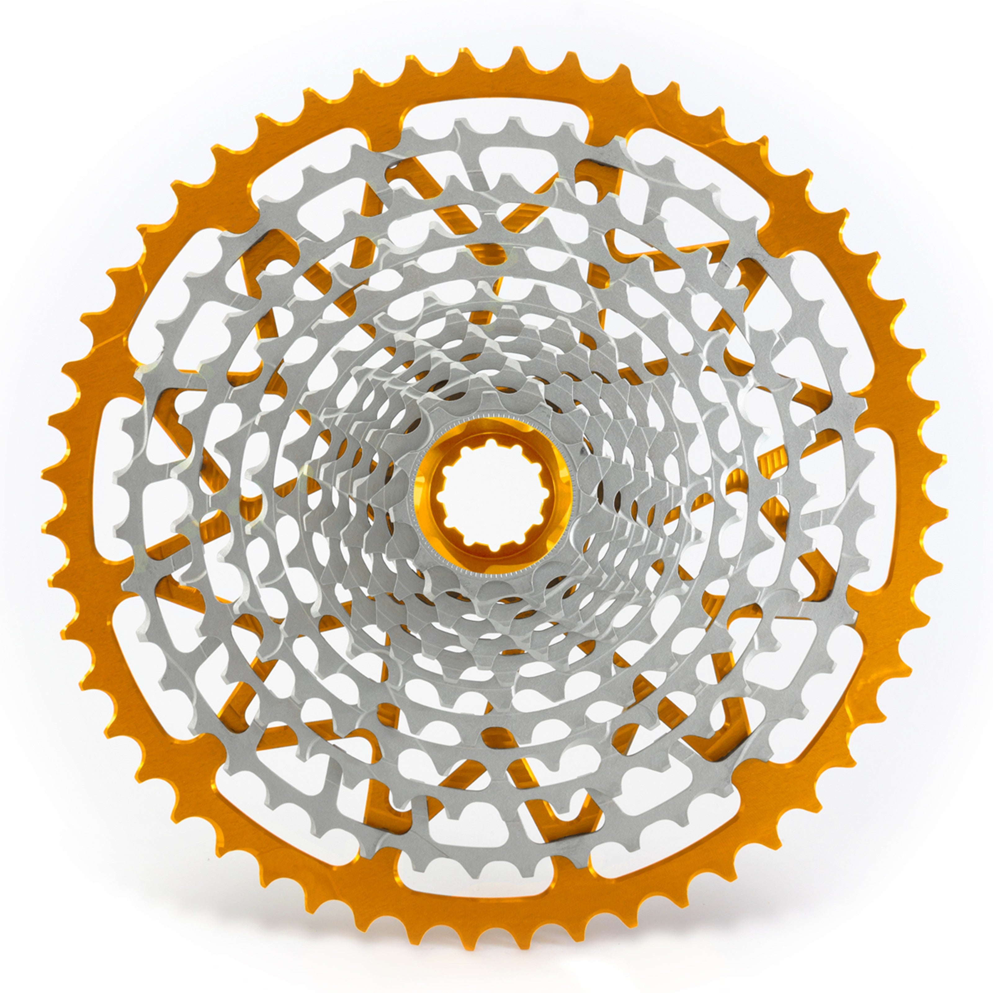 Garbaruk 12sp cassette Shimano in orange, highlighting the CNC-machined monoblock construction and unique tooth profiling