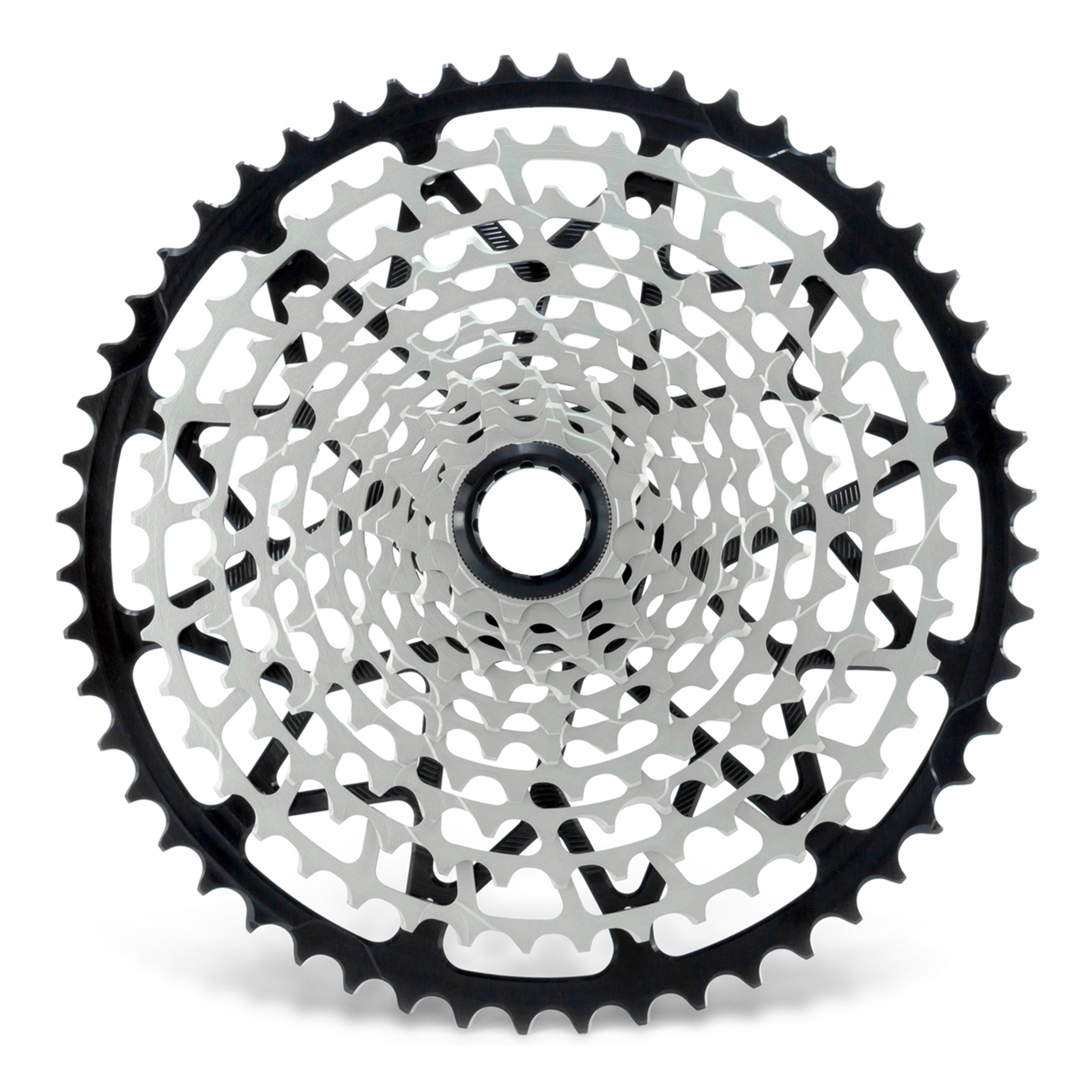 Garbaruk 12sp Shimano Microspline cassette in black, highlighting the CNC-machined monoblock construction and unique tooth profiling
