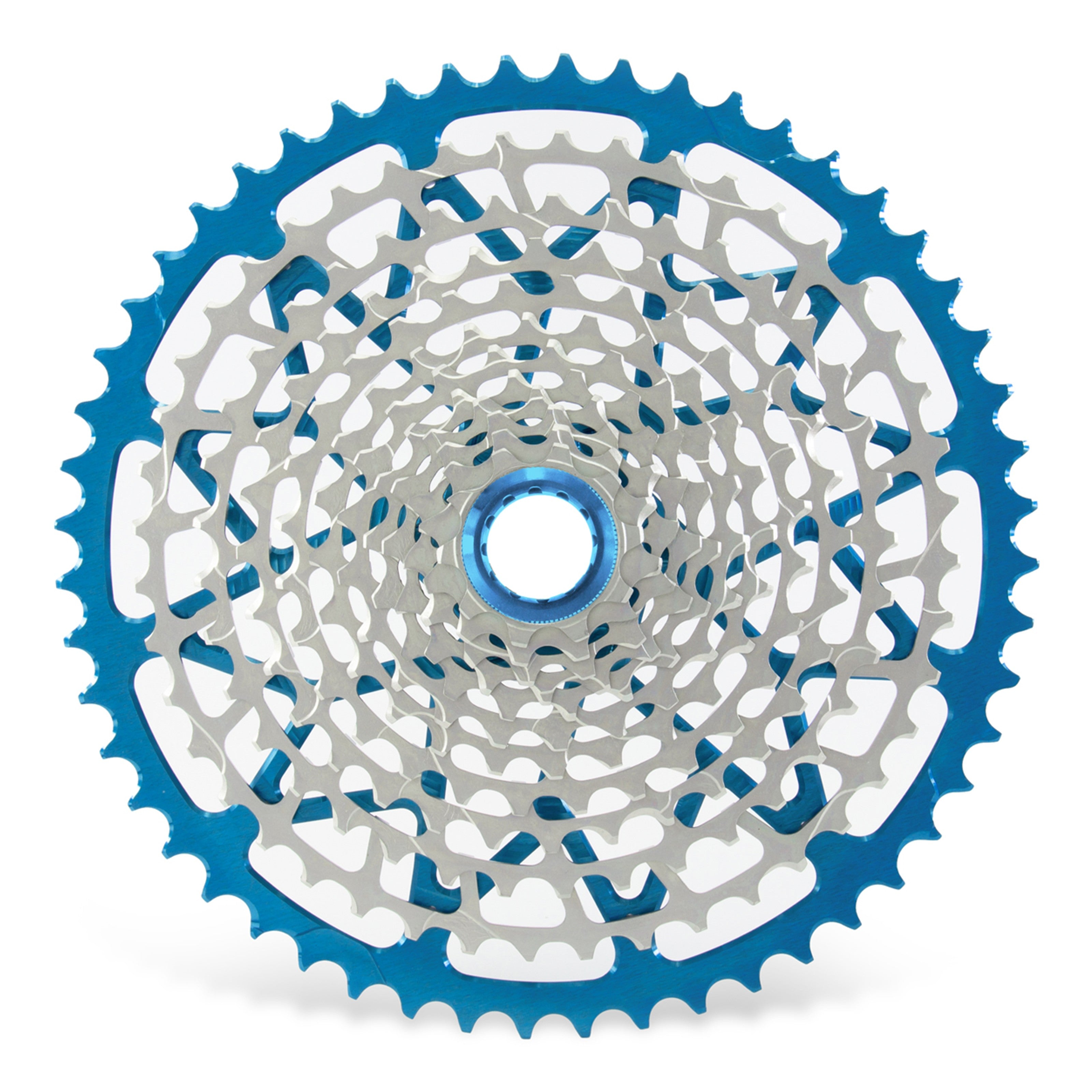 Garbaruk 12sp Shimano Microspline cassette in blue, highlighting the CNC-machined monoblock construction and unique tooth profiling