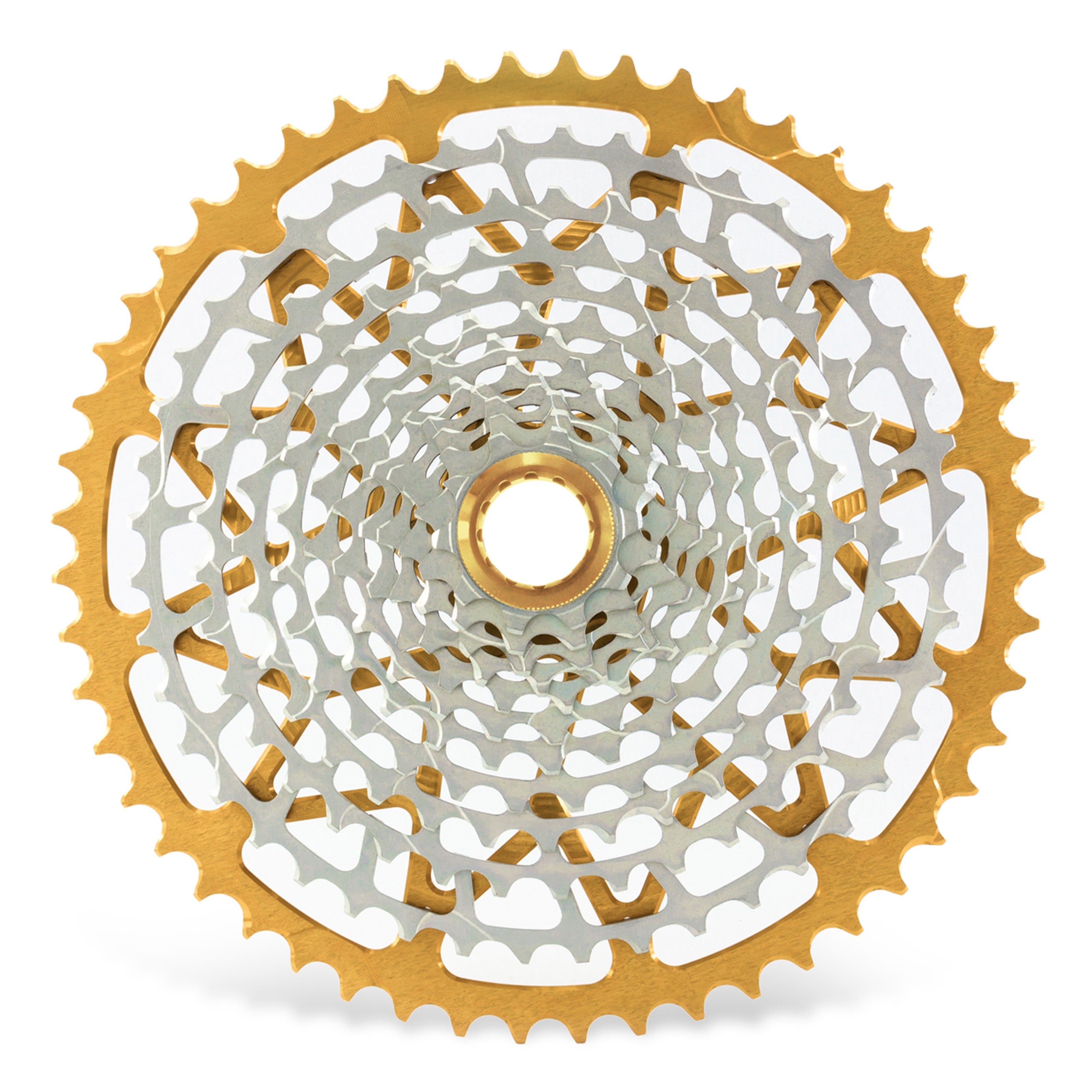 Garbaruk 12sp Shimano Microspline cassette in gold, highlighting the CNC-machined monoblock construction and unique tooth profiling