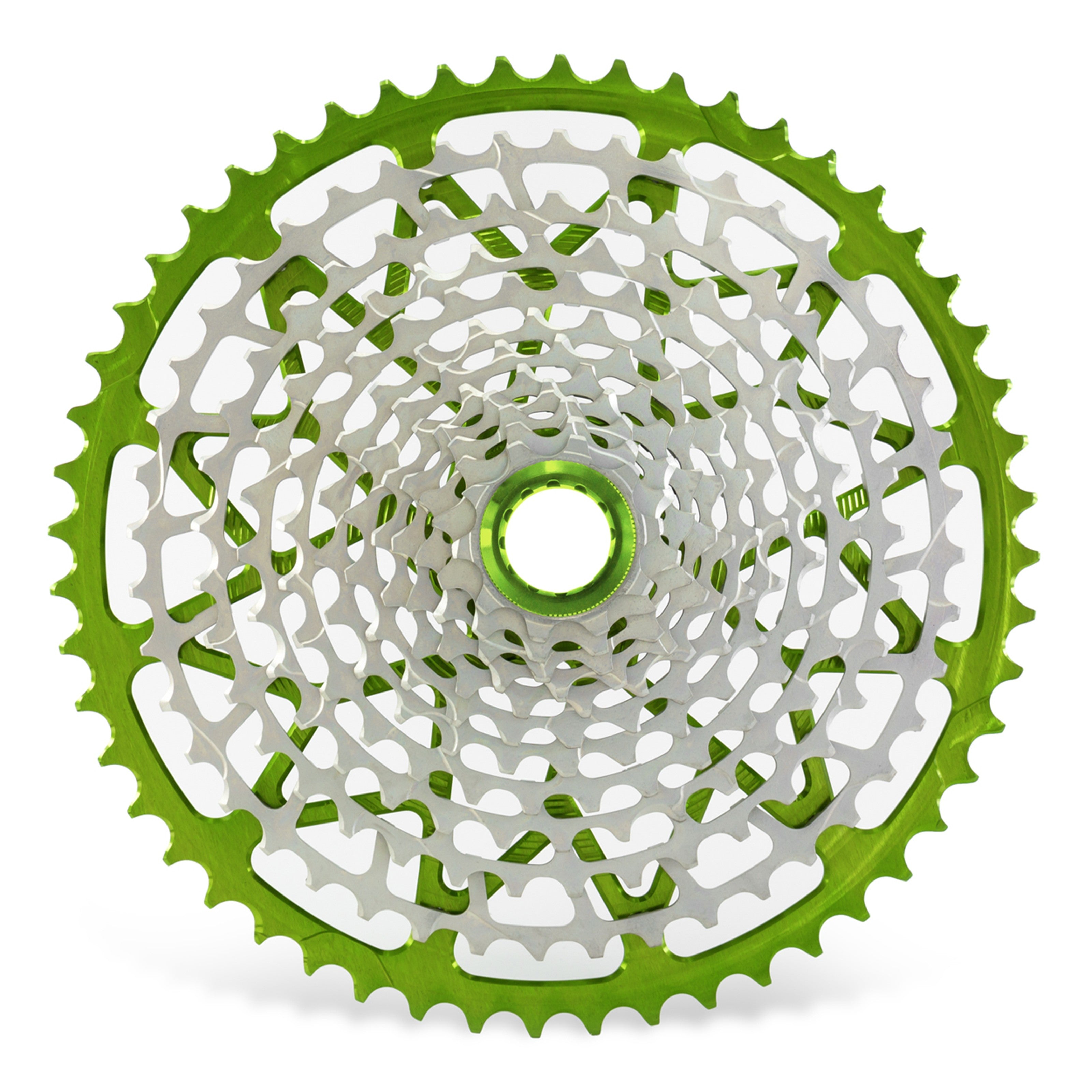 Garbaruk 12sp Shimano Microspline cassette in green, highlighting the CNC-machined monoblock construction and unique tooth profiling