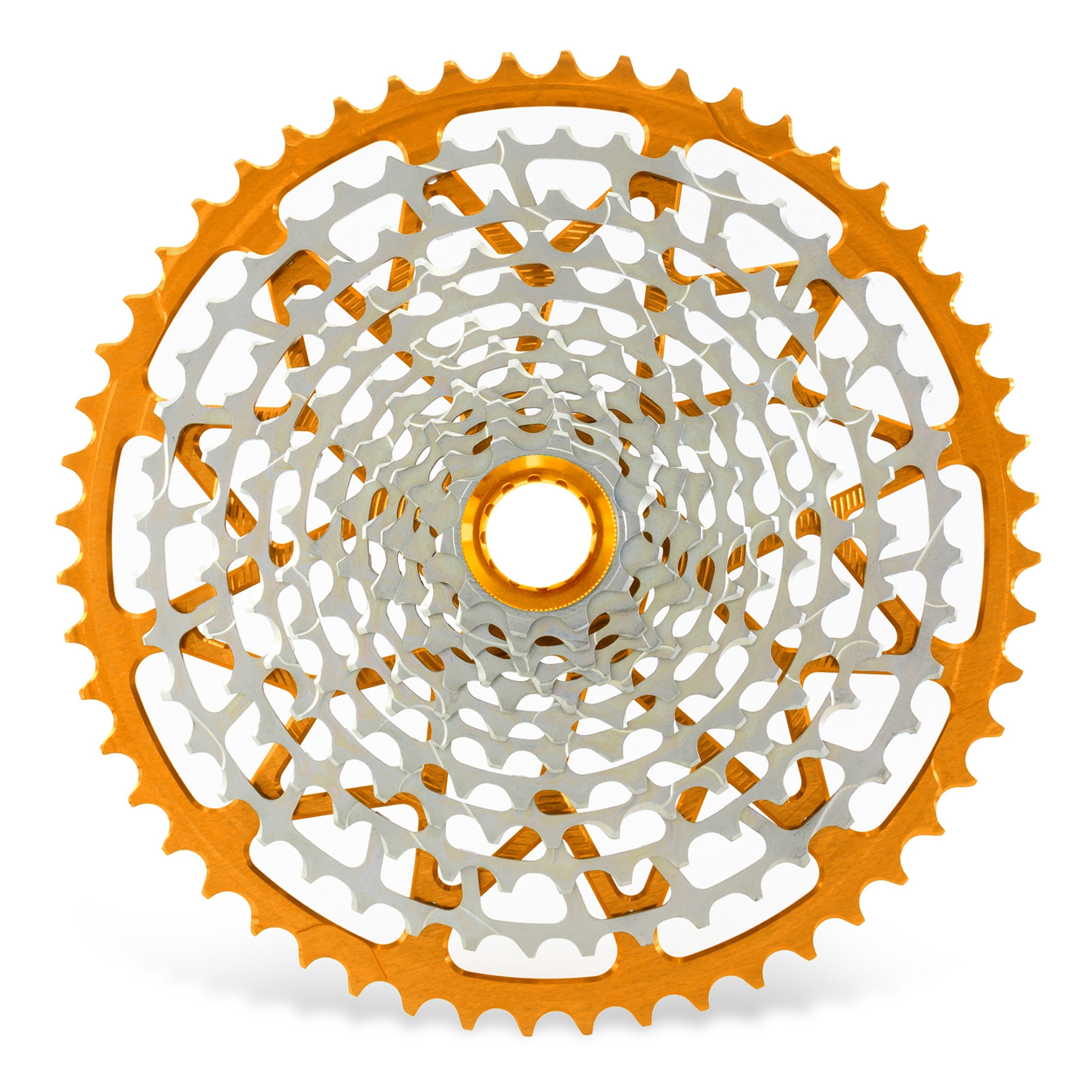 Garbaruk 12sp Shimano Microspline cassette in orange, highlighting the CNC-machined monoblock construction and unique tooth profiling