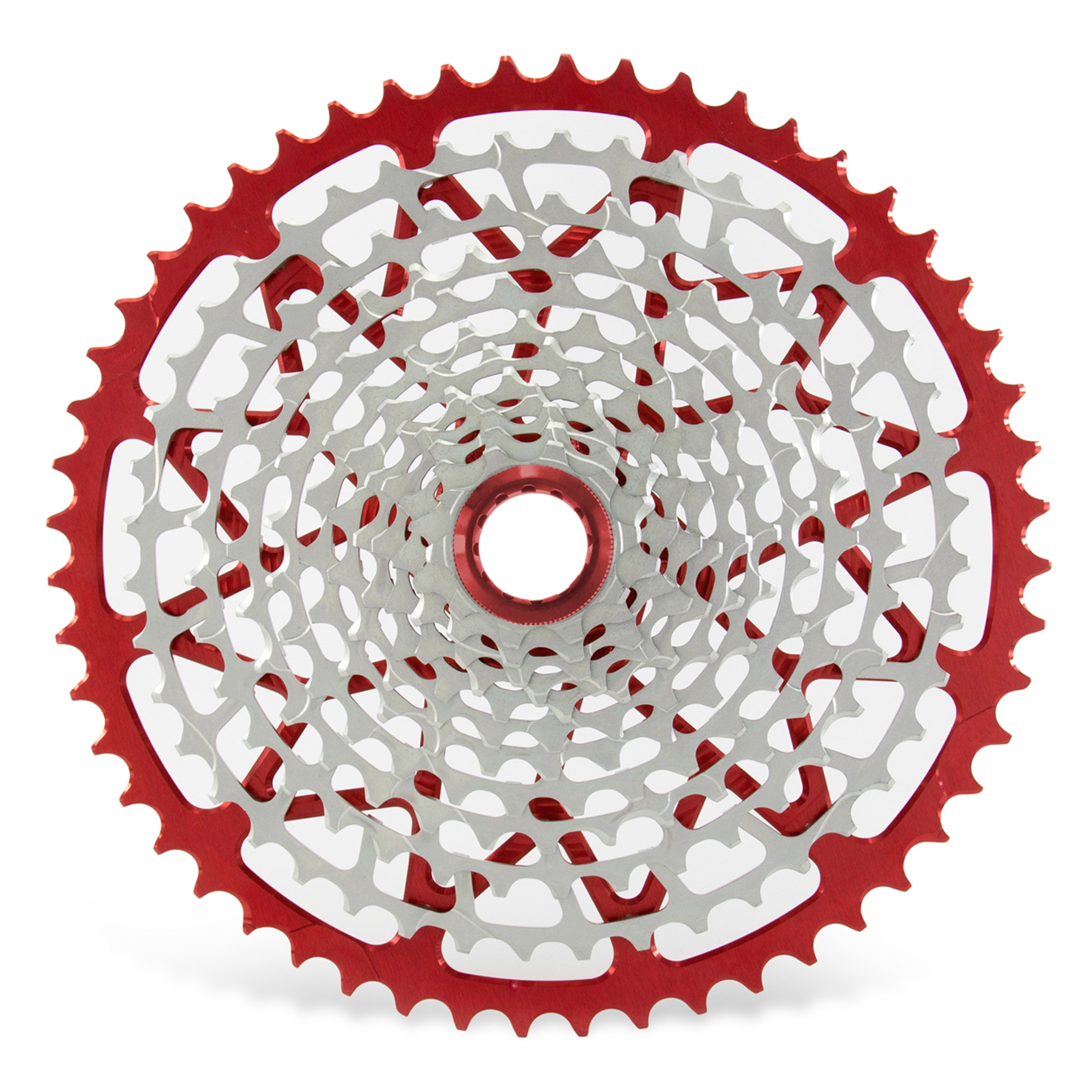 Garbaruk 12sp Shimano Microspline cassette in red, highlighting the CNC-machined monoblock construction and unique tooth profiling