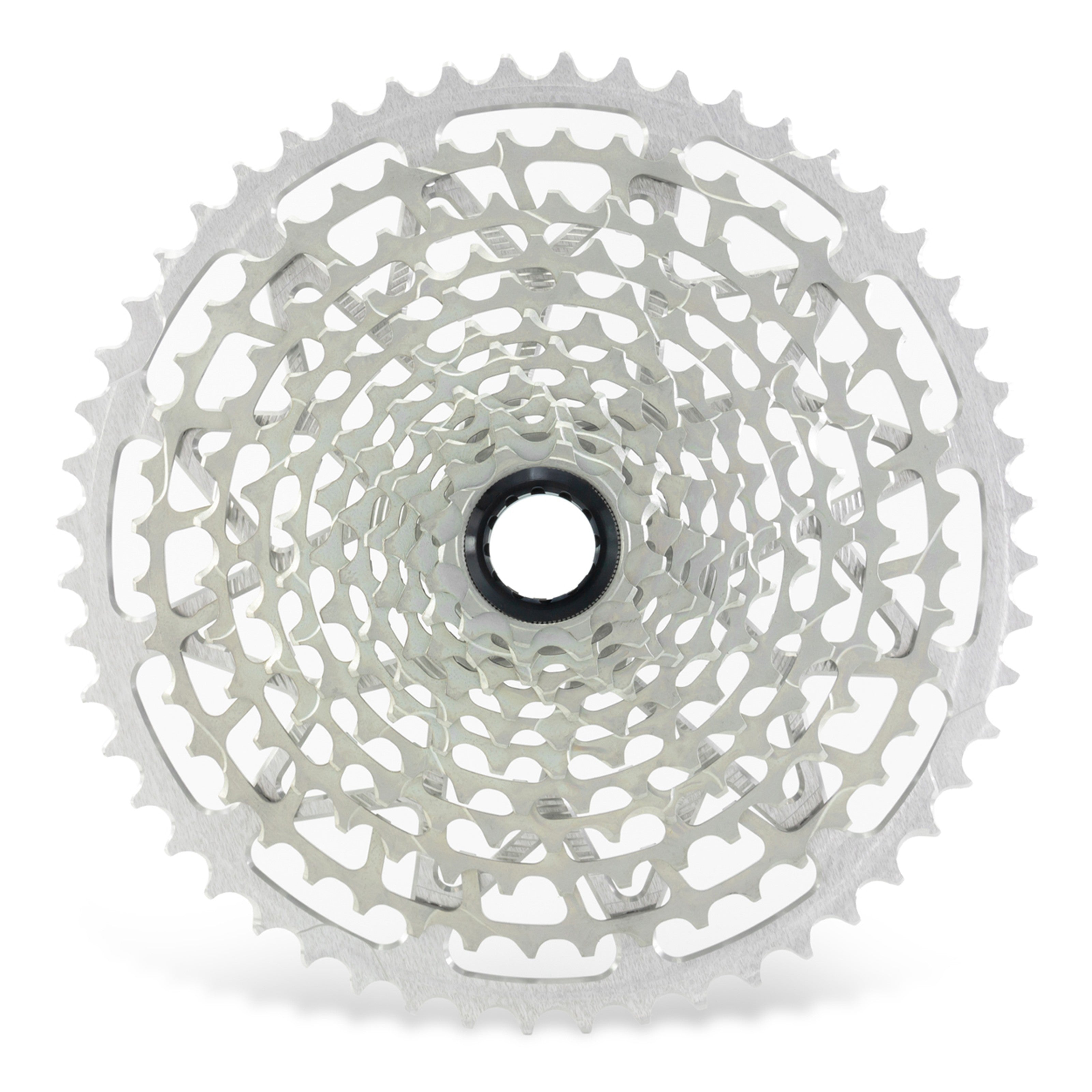 Garbaruk 12sp Shimano Microspline cassette in silver, highlighting the CNC-machined monoblock construction and unique tooth profiling