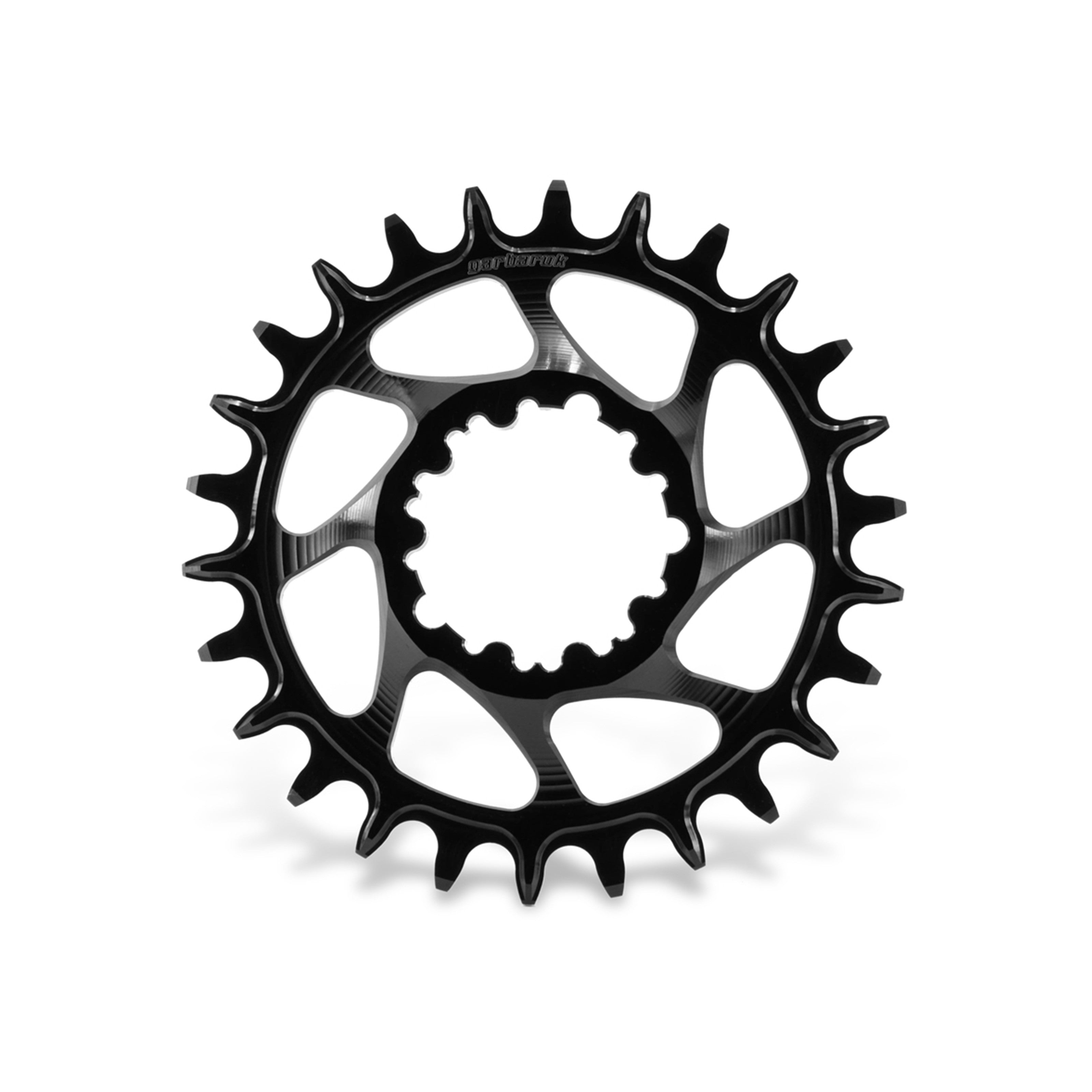 Garbaruk direct-mount MTB chainring for SRAM 3-bolt interface in black, 26T, featuring CNC-machined precision and unique tooth profiling for enhanced chain retention