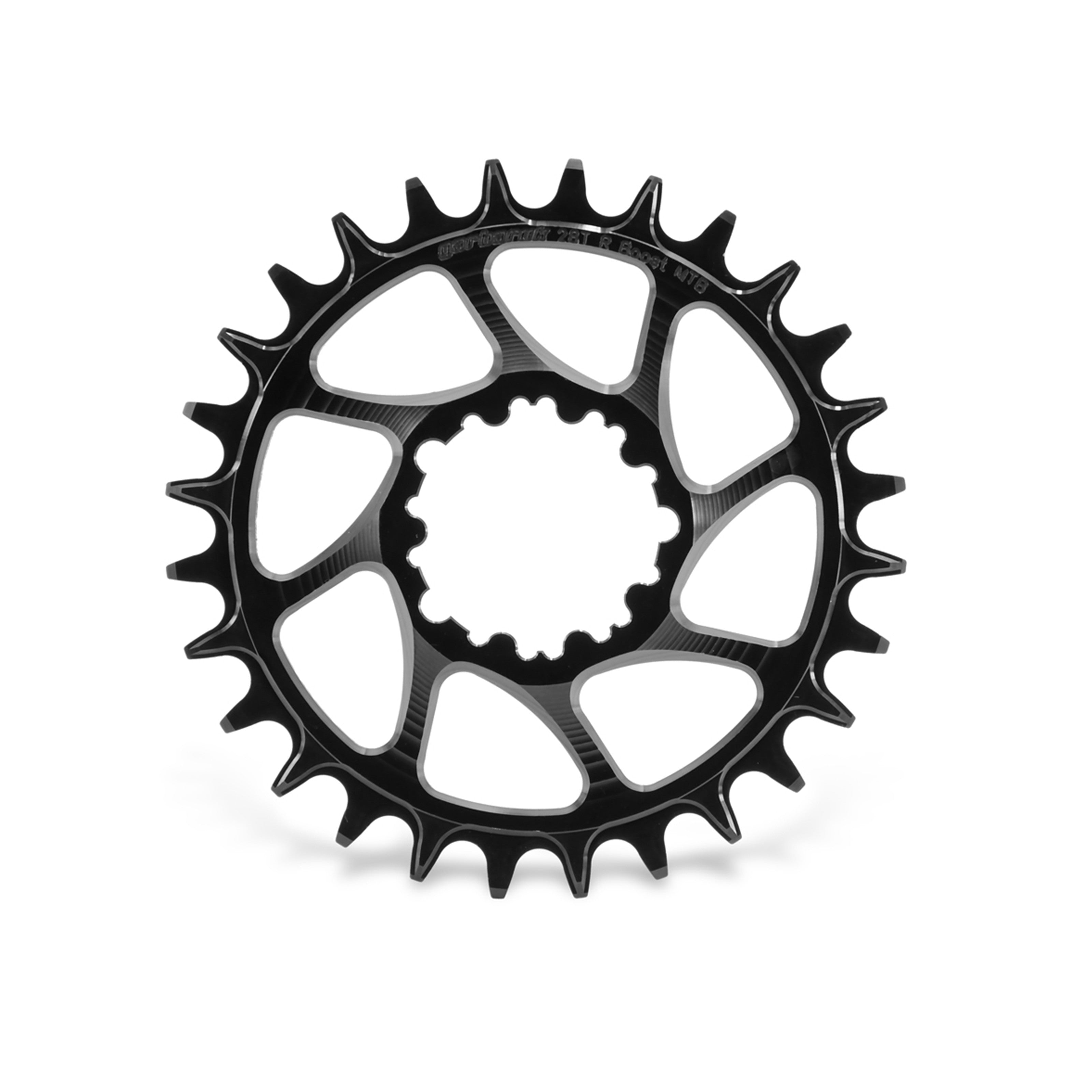 Garbaruk direct-mount MTB chainring for SRAM 3-bolt interface, 28T, black, featuring CNC-machined precision and unique tooth profiling for enhanced chain retention