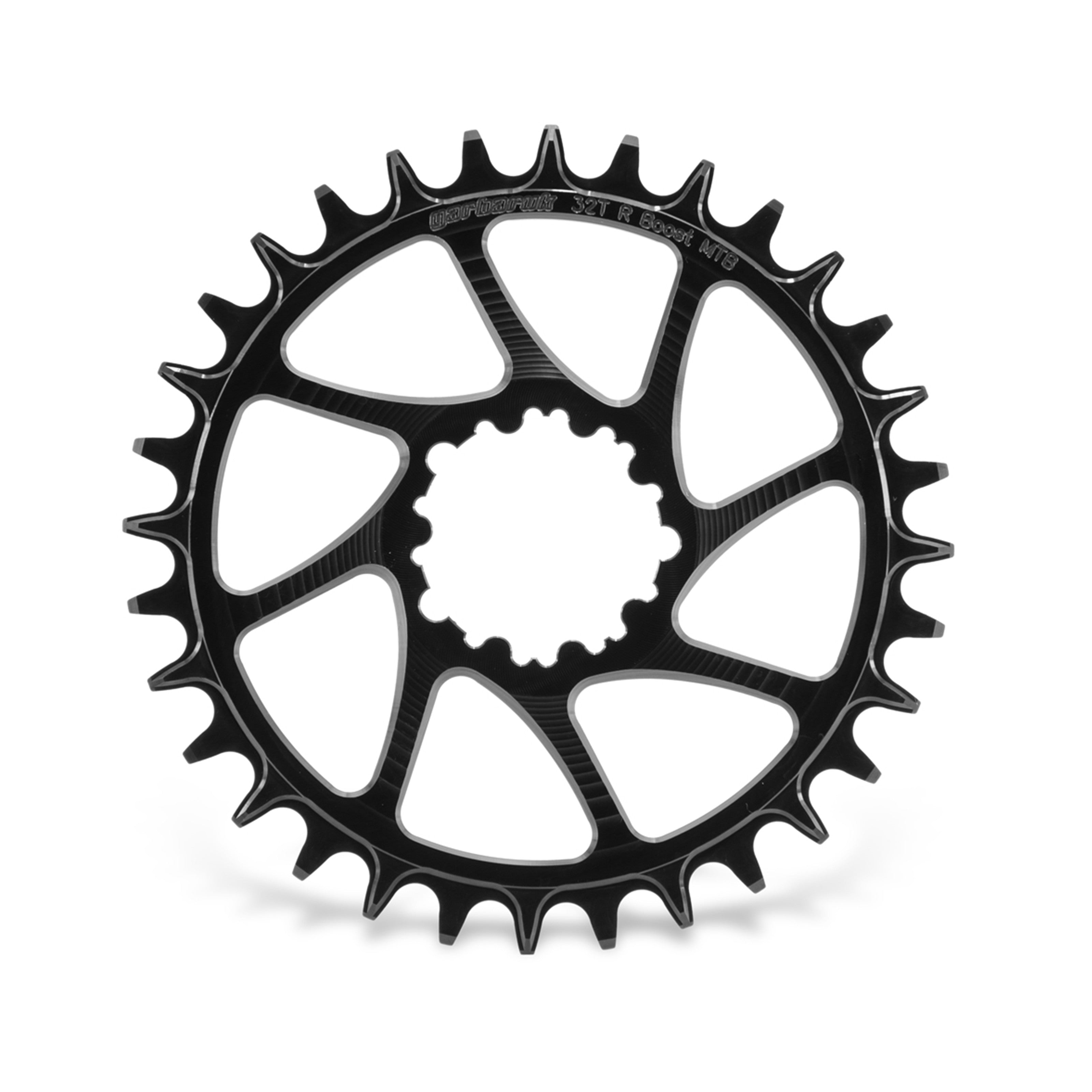 Garbaruk direct-mount MTB chainring for SRAM 3-bolt interface, 32T, black, featuring CNC-machined precision and unique tooth profiling for enhanced chain retention