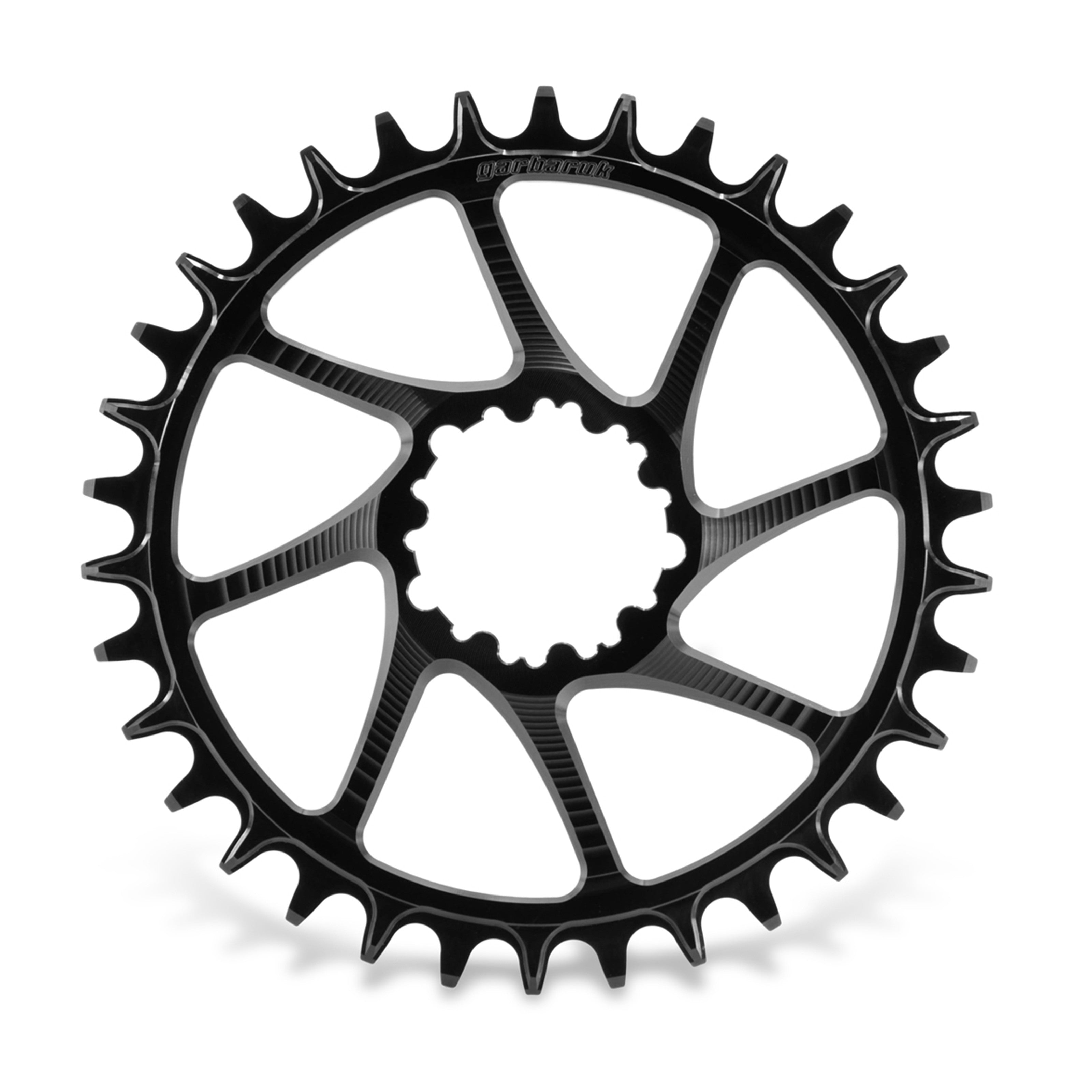 Garbaruk direct-mount MTB chainring for SRAM 3-bolt interface, 34T, black, featuring CNC-machined precision and unique tooth profiling for enhanced chain retention