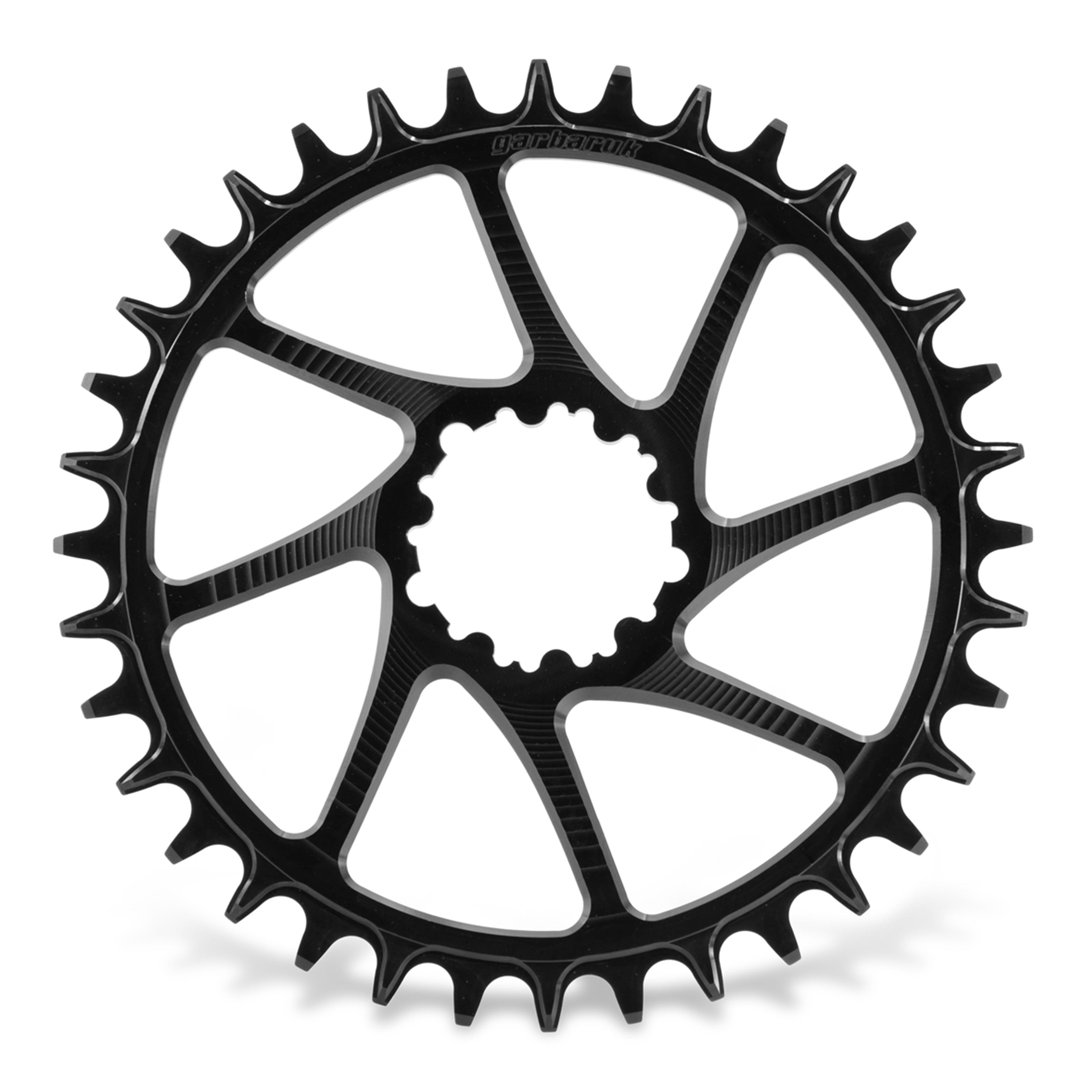 Garbaruk direct-mount MTB chainring for SRAM 3-bolt interface, 36T, black, featuring CNC-machined precision and unique tooth profiling for enhanced chain retention