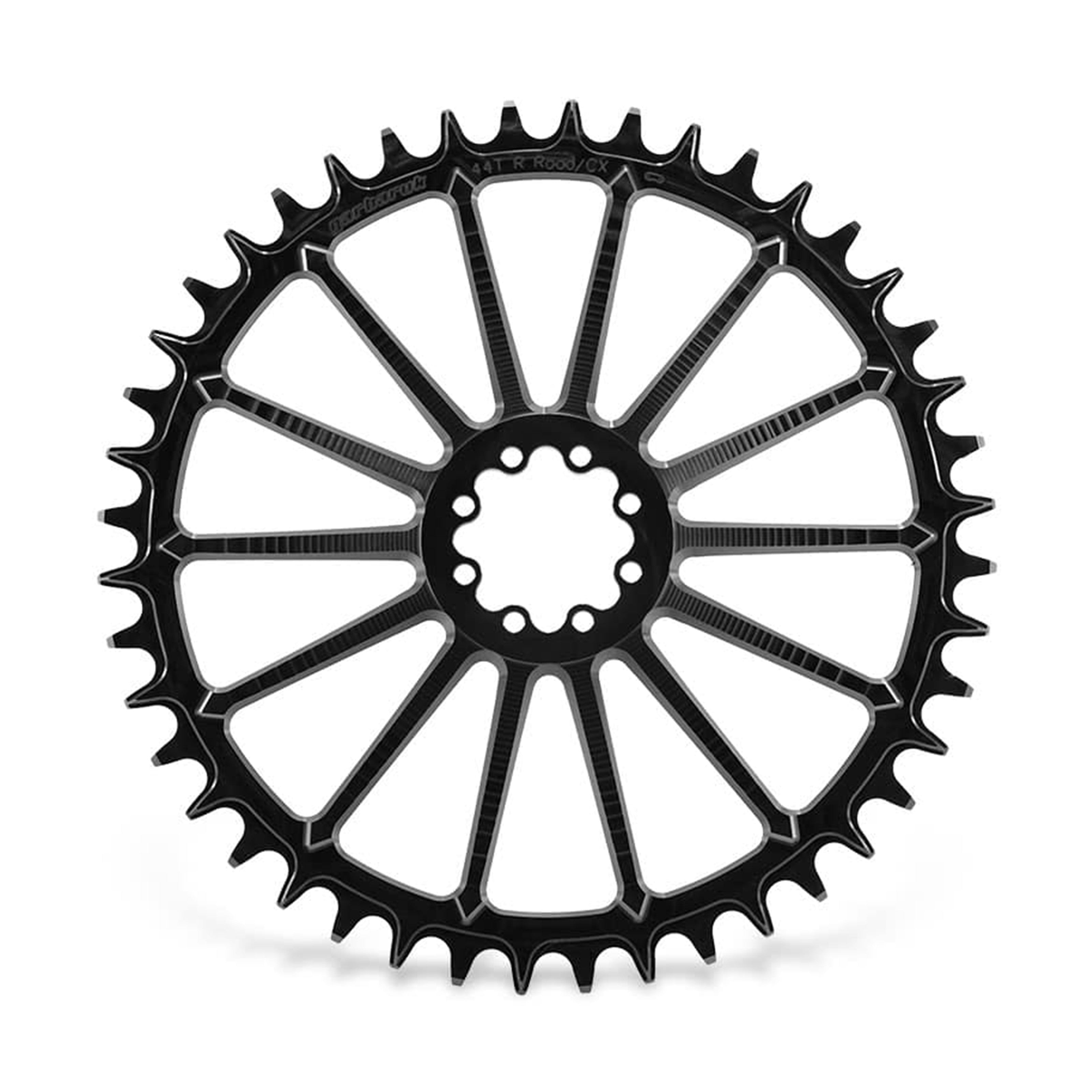 Garbaruk DM Road Chainring for SRAM 8-bolt in black, 44T, highlighting CNC-machined precision and unique tooth profile design