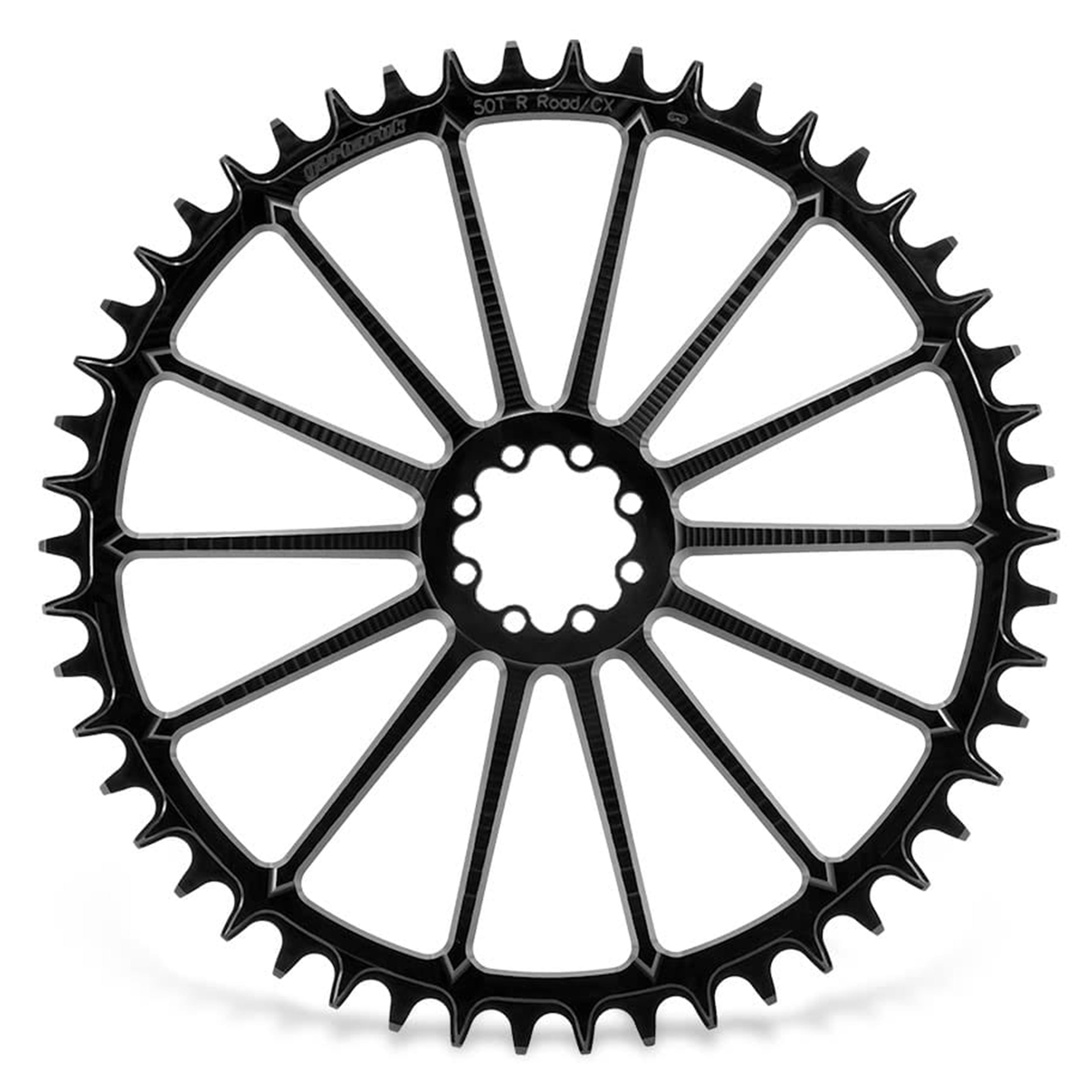 Garbaruk DM Road Chainring for SRAM 8-bolt in black, 50T, highlighting CNC-machined precision and unique tooth profile design
