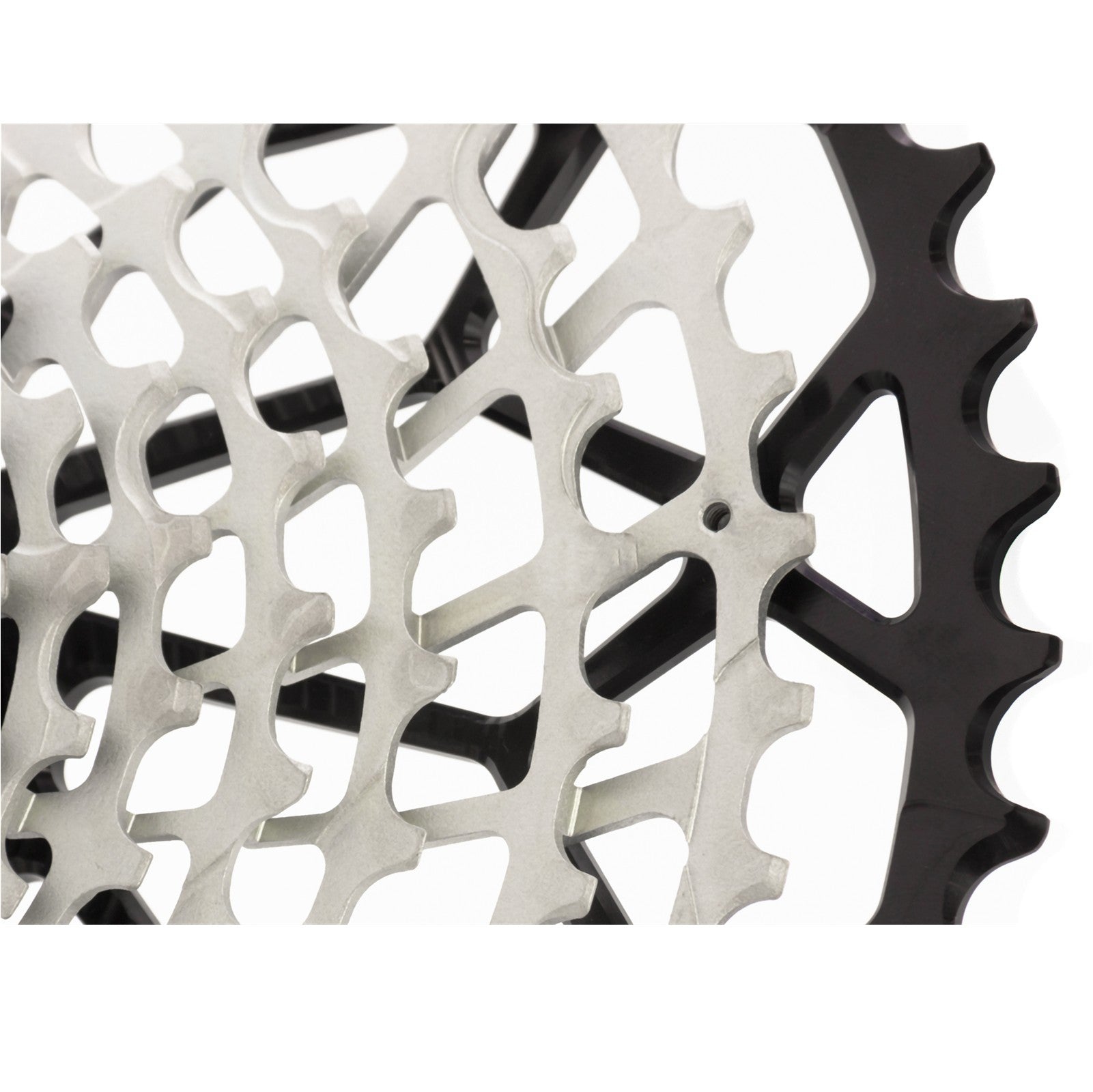 Close-up detail on a Garbaruk 11-speed SRAM XD freehub cassette in black, showing precision-machined tooth design and excellent build quality