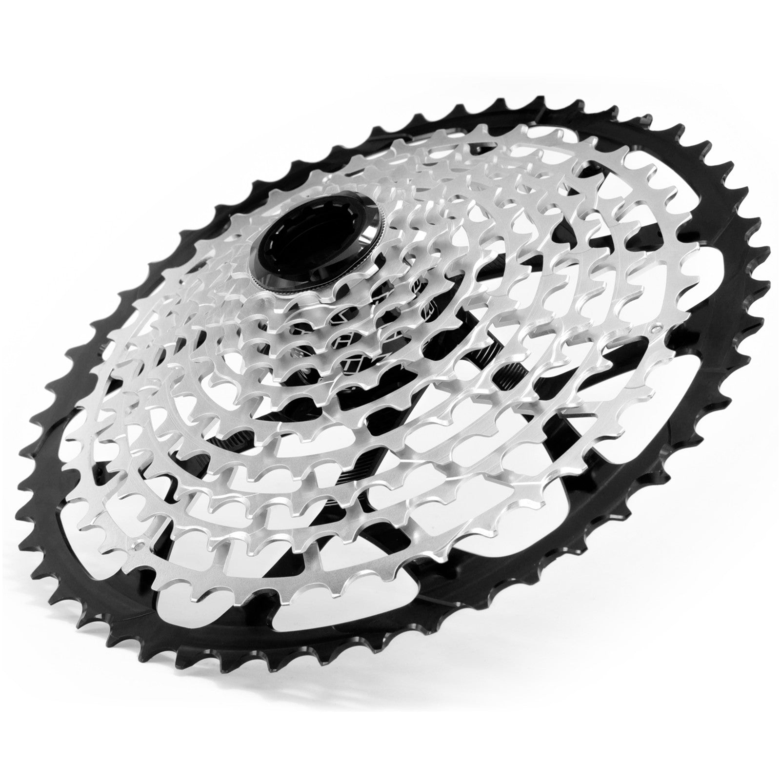 Garbaruk 11-speed Shimano-compatible cassette, black, angled view showing precise CNC-machined sprockets and cog teeth detail