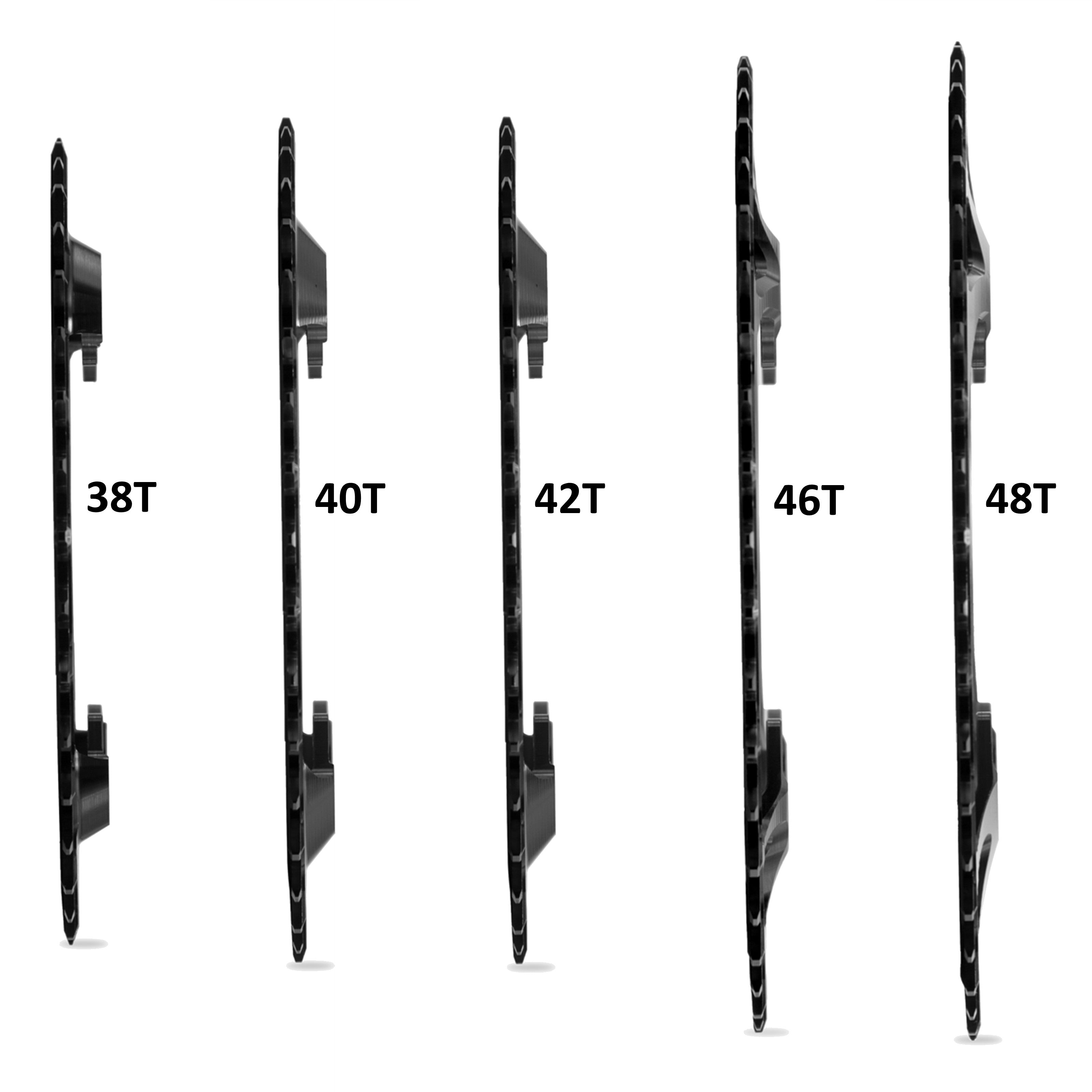 Side profile of multiple Garbaruk chainrings for Shimano GRX in black, showing varying offsets and tooth counts