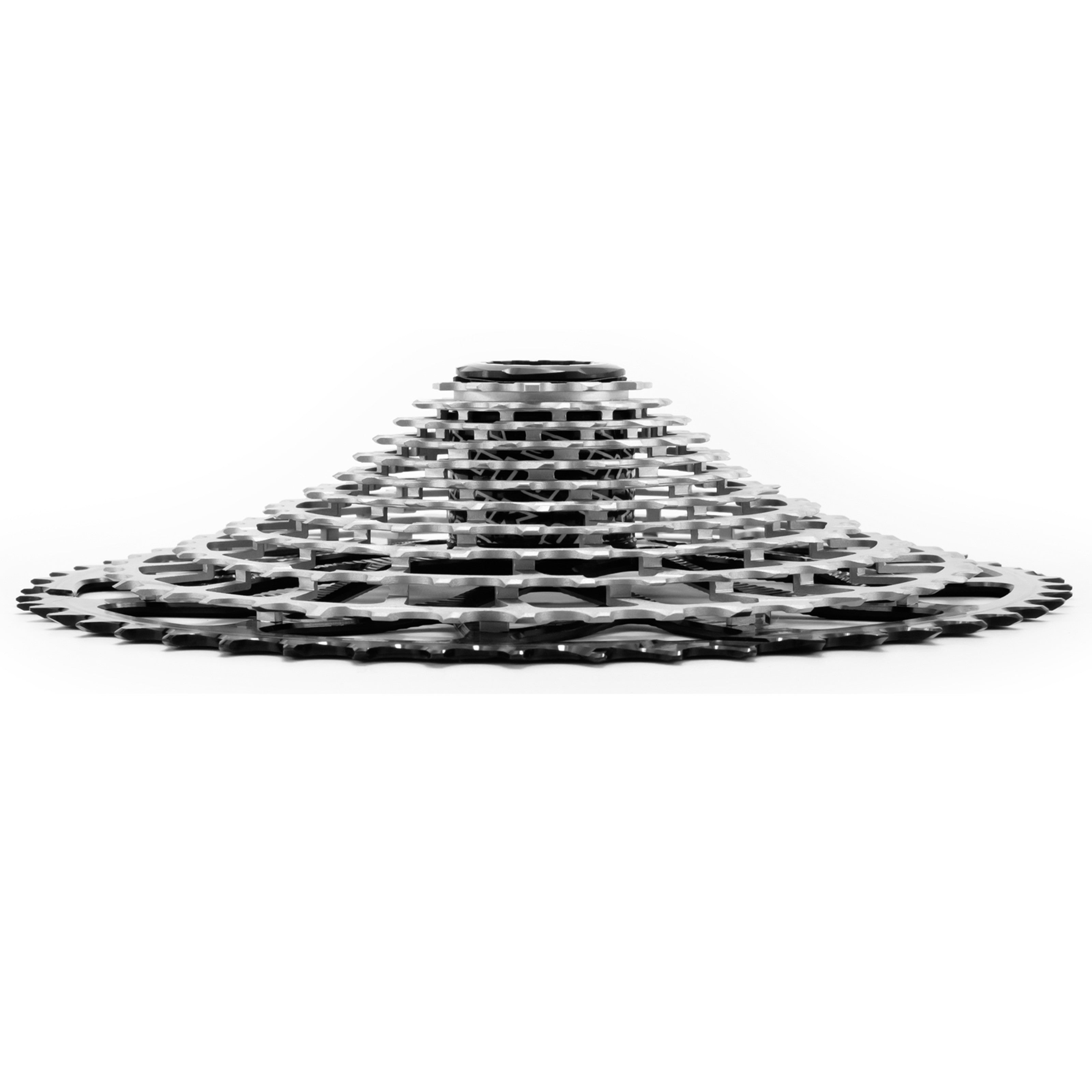 Side view of the Garbaruk 12sp cassette Shimano in black, highlighting the CNC-machined monoblock construction and unique tooth profiling