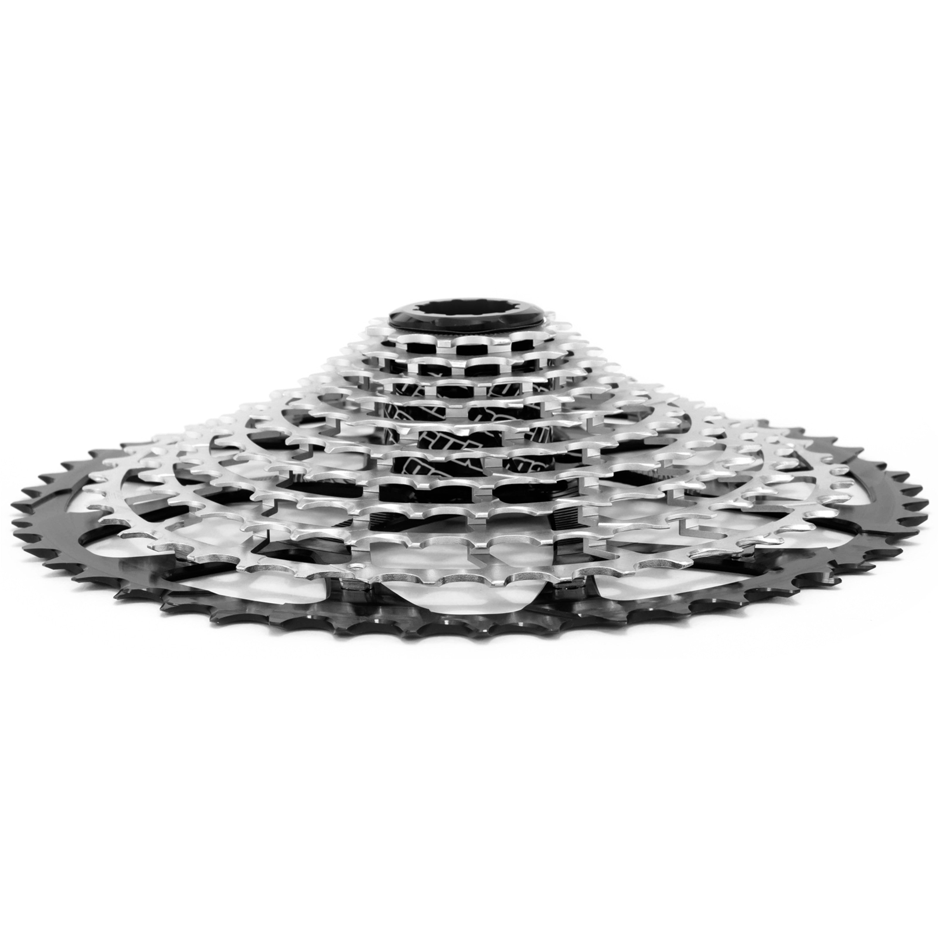 Garbaruk 11-speed Shimano-compatible cassette in black, side view showing precise CNC-machined sprockets and gear teeth detail