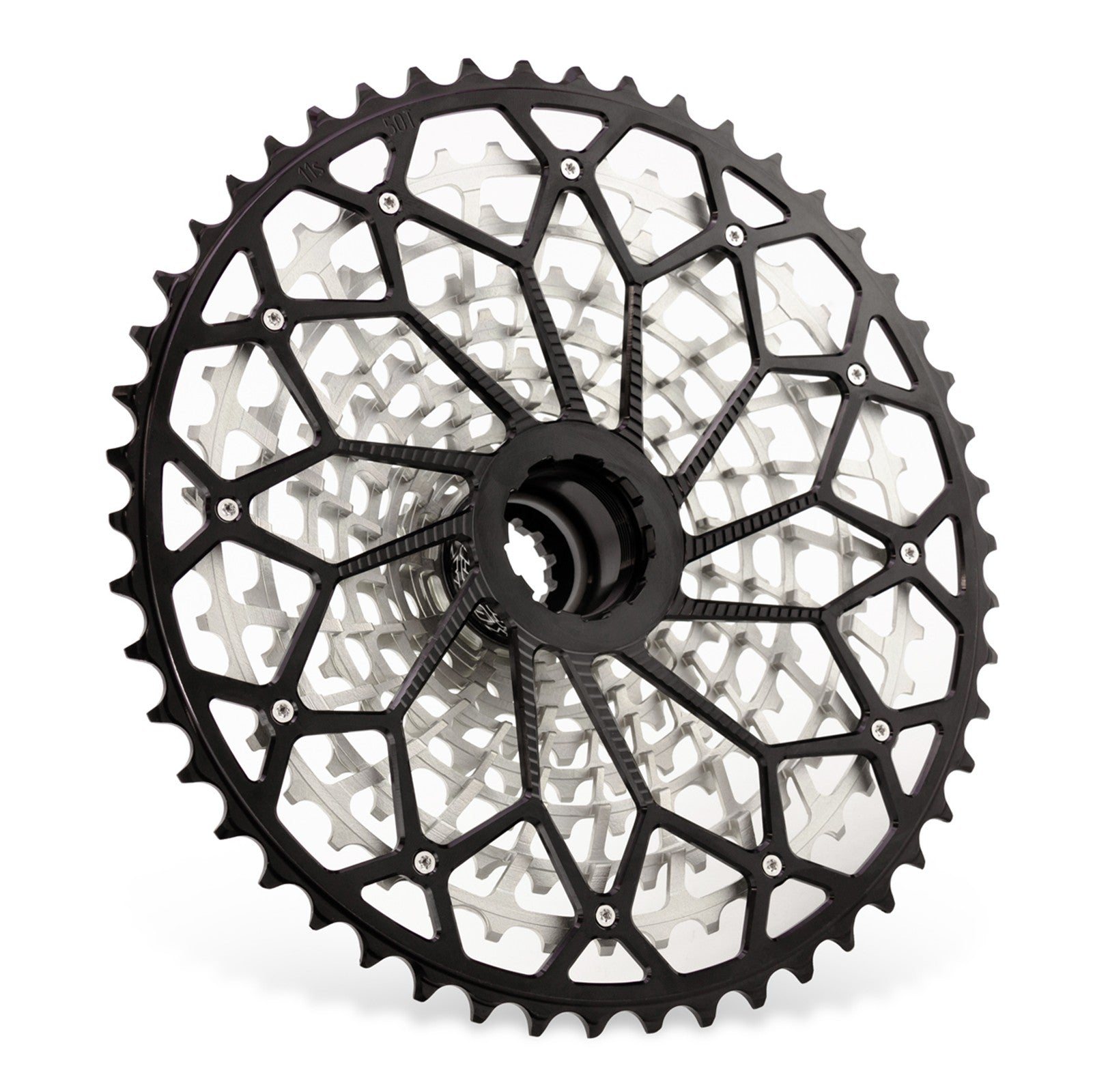 Garbaruk 11-speed SRAM XD freehub cassette in black, angled view from the rear showing largest anodised cog, precision-machined sprockets and robust build quality