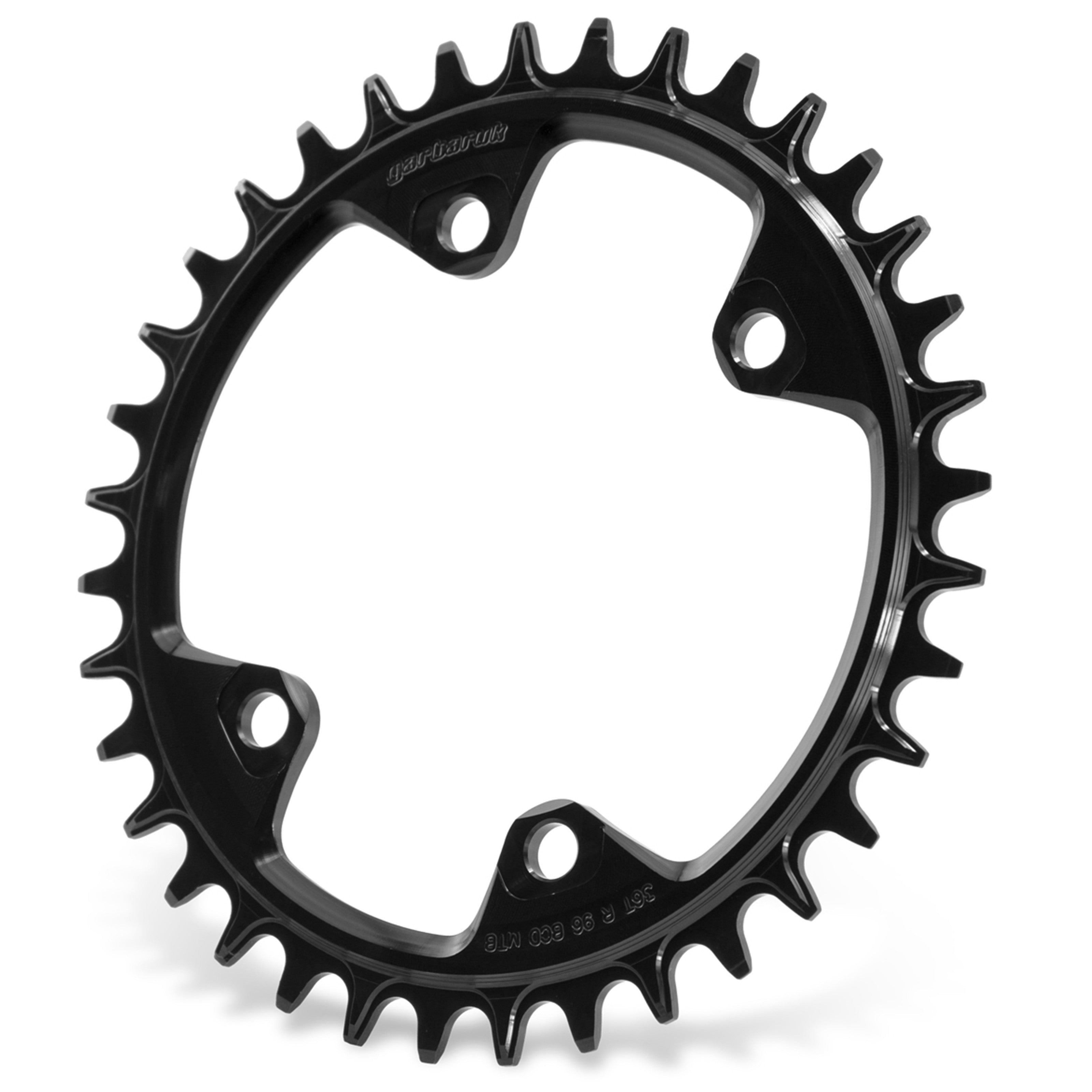 Black Garbaruk 96 BCD Shimano chainring shown at an angle, highlighting lightweight construction and direct-mount design