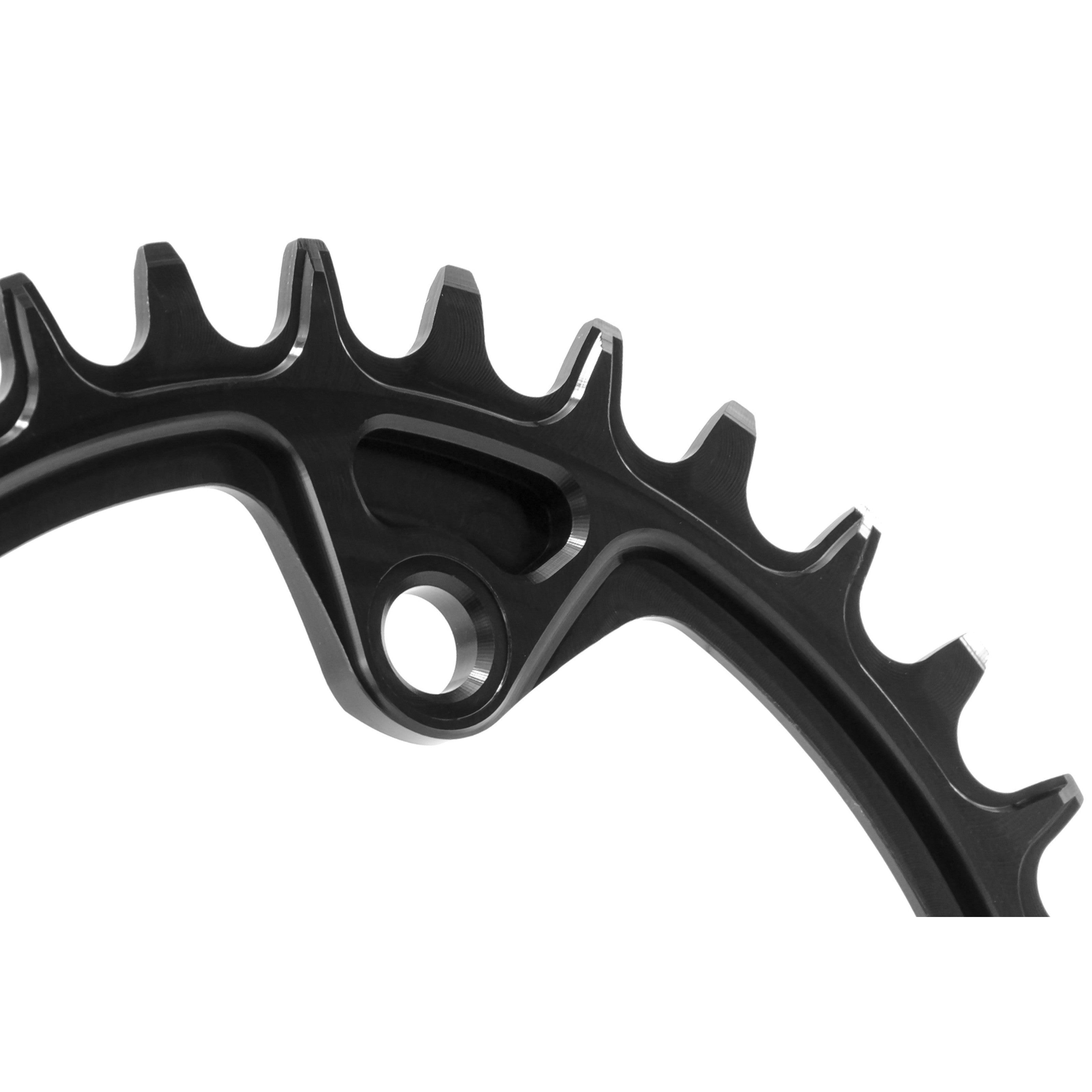 Close-up of Garbaruk 96 BCD chainring in black, showing precisely machined tooth profiles and smooth finish