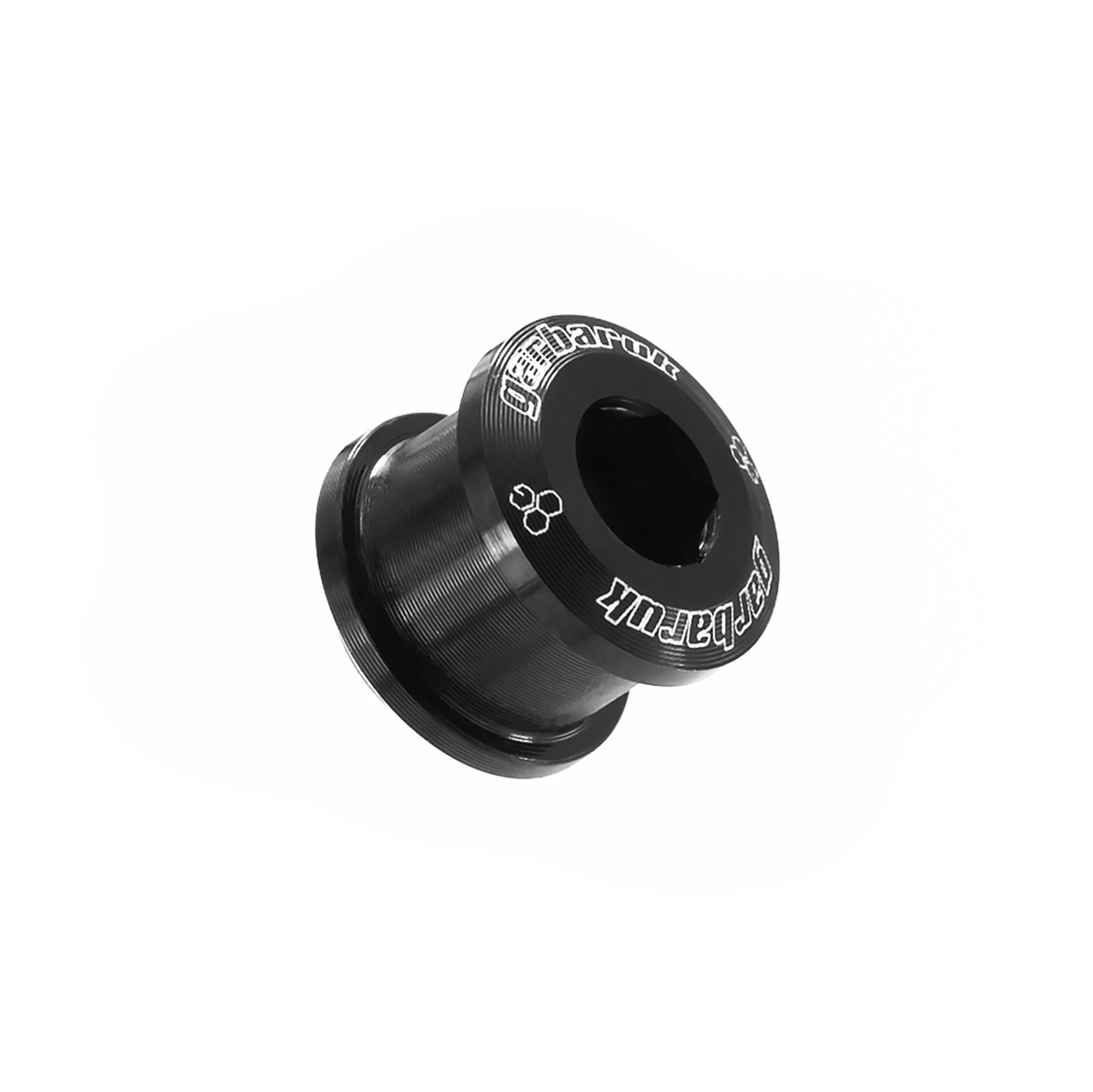 Single black Garbaruk M8 x 0.75 chainring bolt showing detailed machining and finish