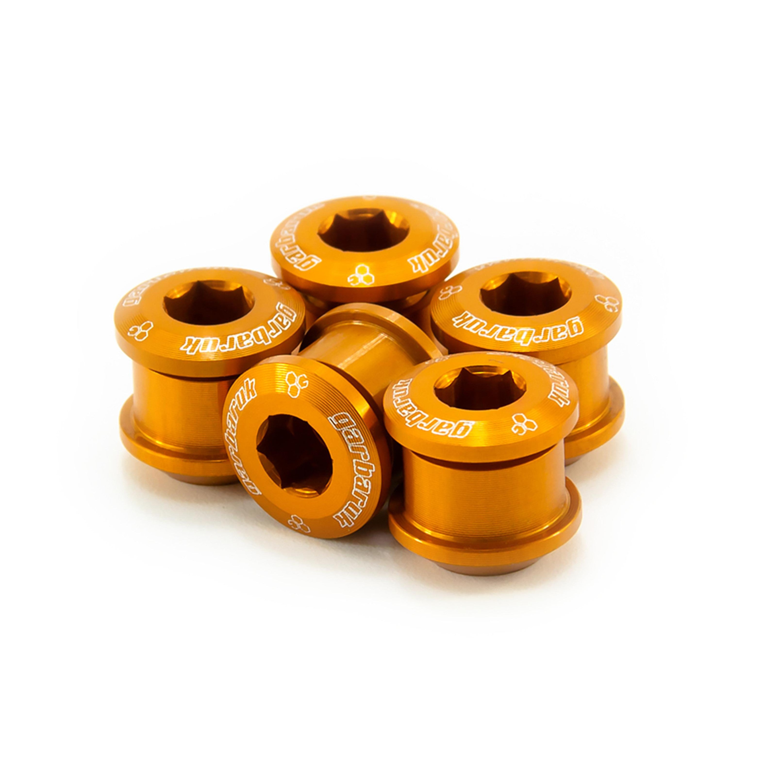 Garbaruk chainring bolts set M8 x 0.75 in orange, precision CNC-machined for lightweight strength and secure chainring fit