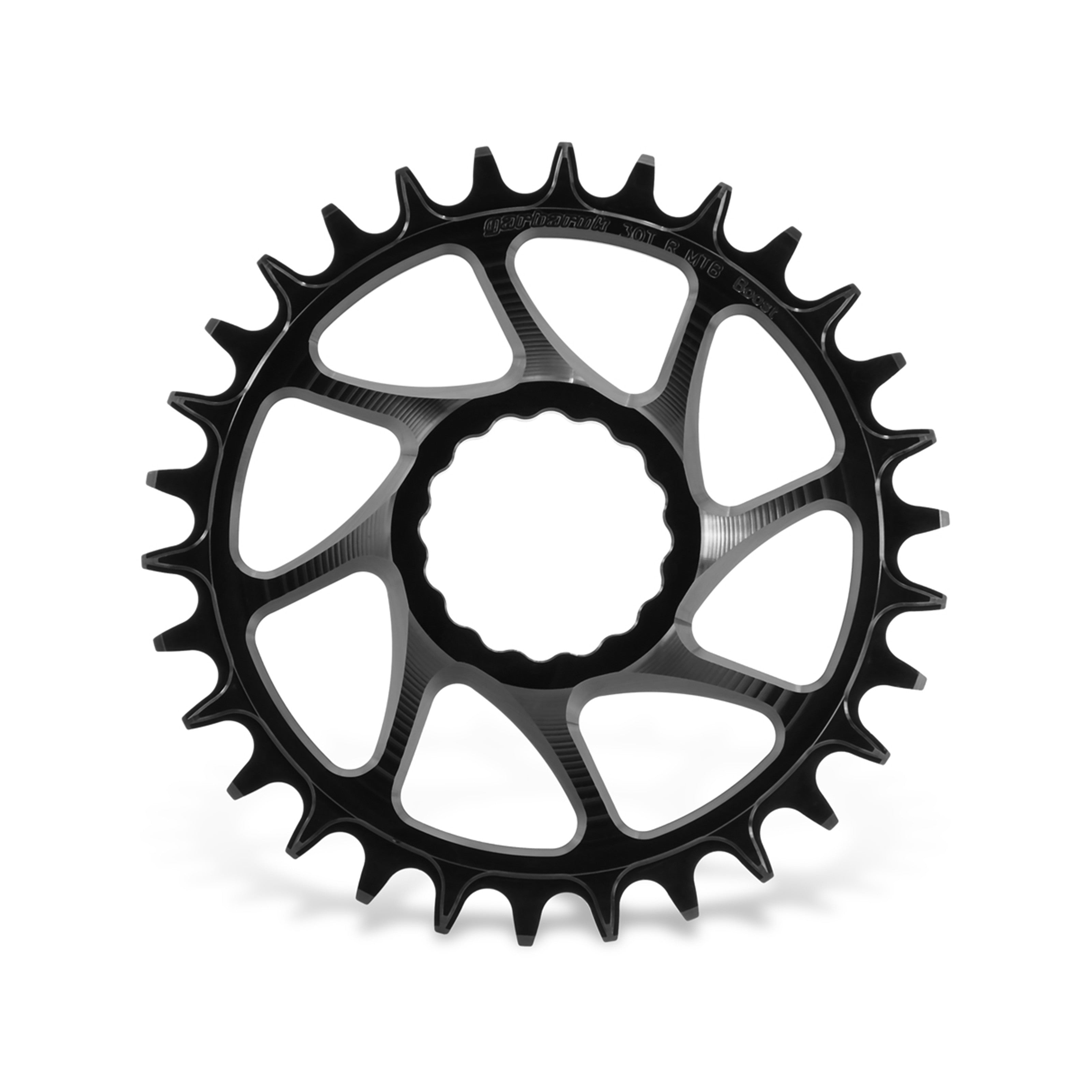 Garbaruk direct-mount MTB chainring for Race Face Cinch Boost in black, 30T, CNC-machined with unique tooth profiling for optimal chain retention