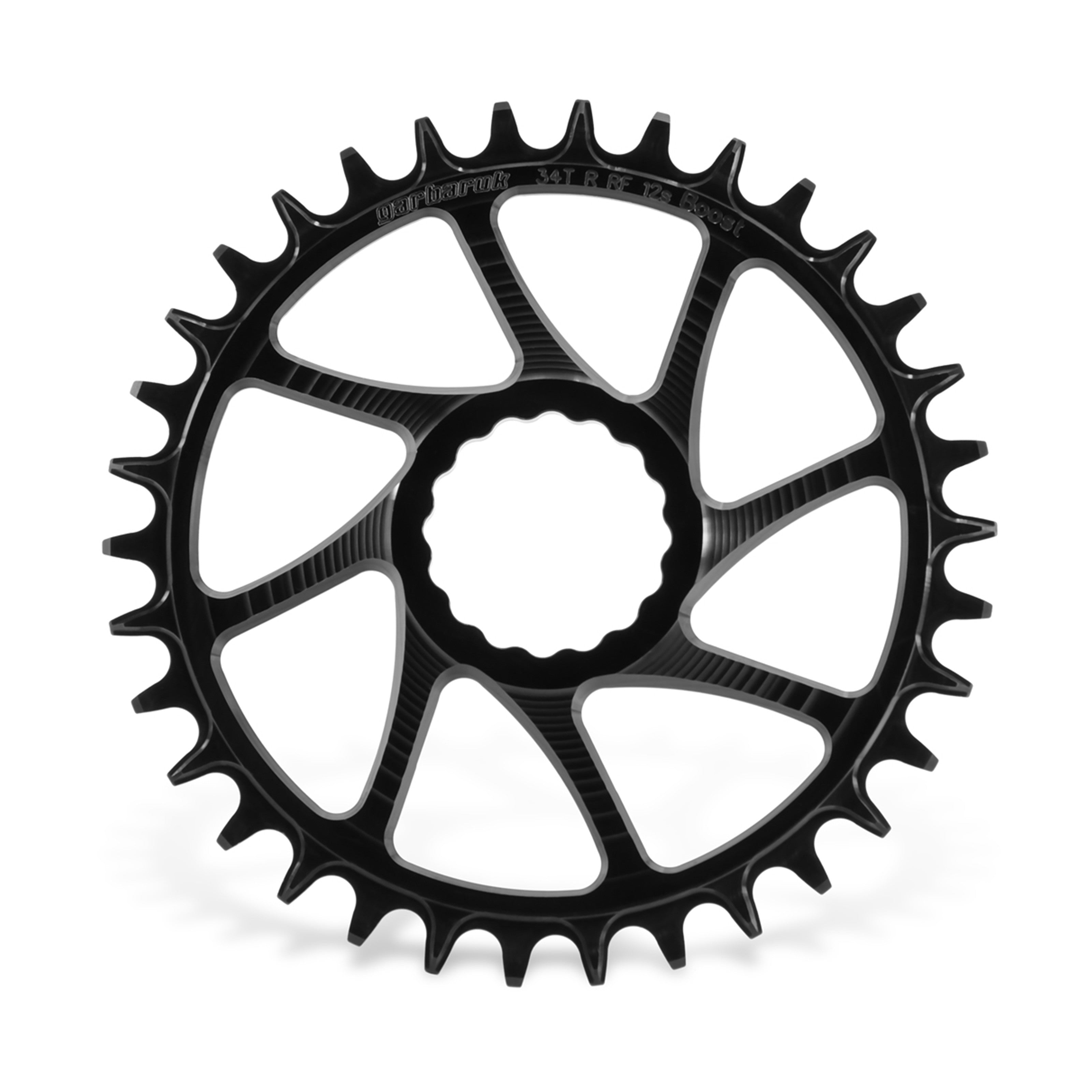 Garbaruk direct-mount MTB chainring for Race Face Cinch Boost in black, 34T, CNC-machined with unique tooth profiling for optimal chain retention
