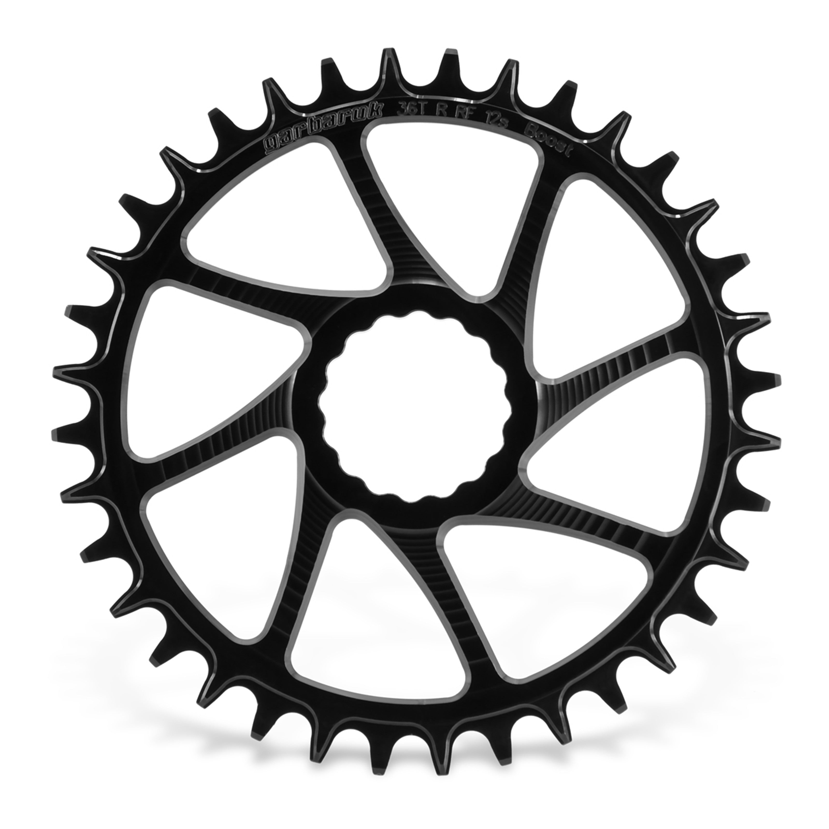 Garbaruk direct-mount MTB chainring for Race Face Cinch Boost in black, 36T, CNC-machined with unique tooth profiling for optimal chain retention