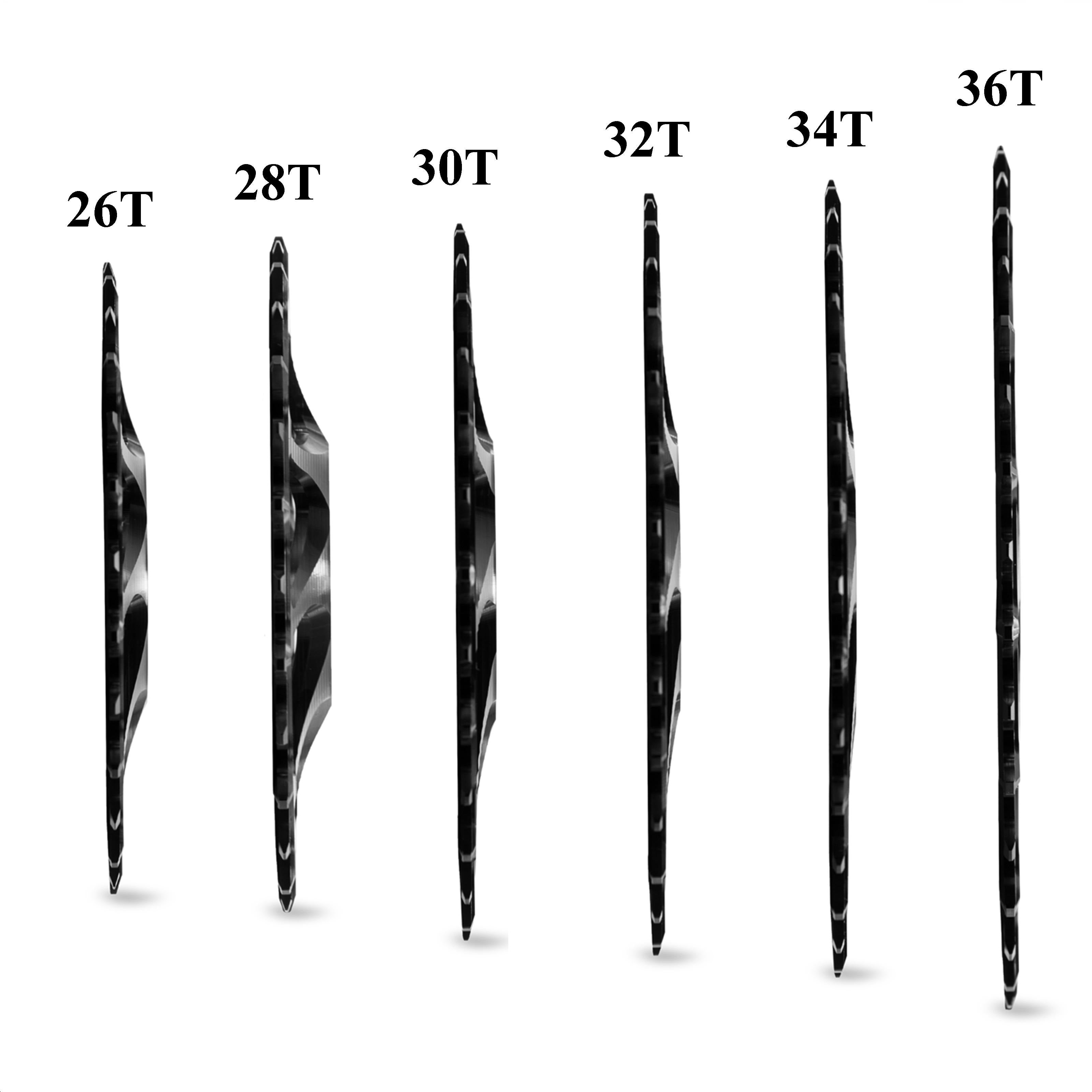 Set of six Garbaruk DM MTB chainrings for Race Face Cinch Boost shown in profile, displaying varying offsets for drivetrain compatibility