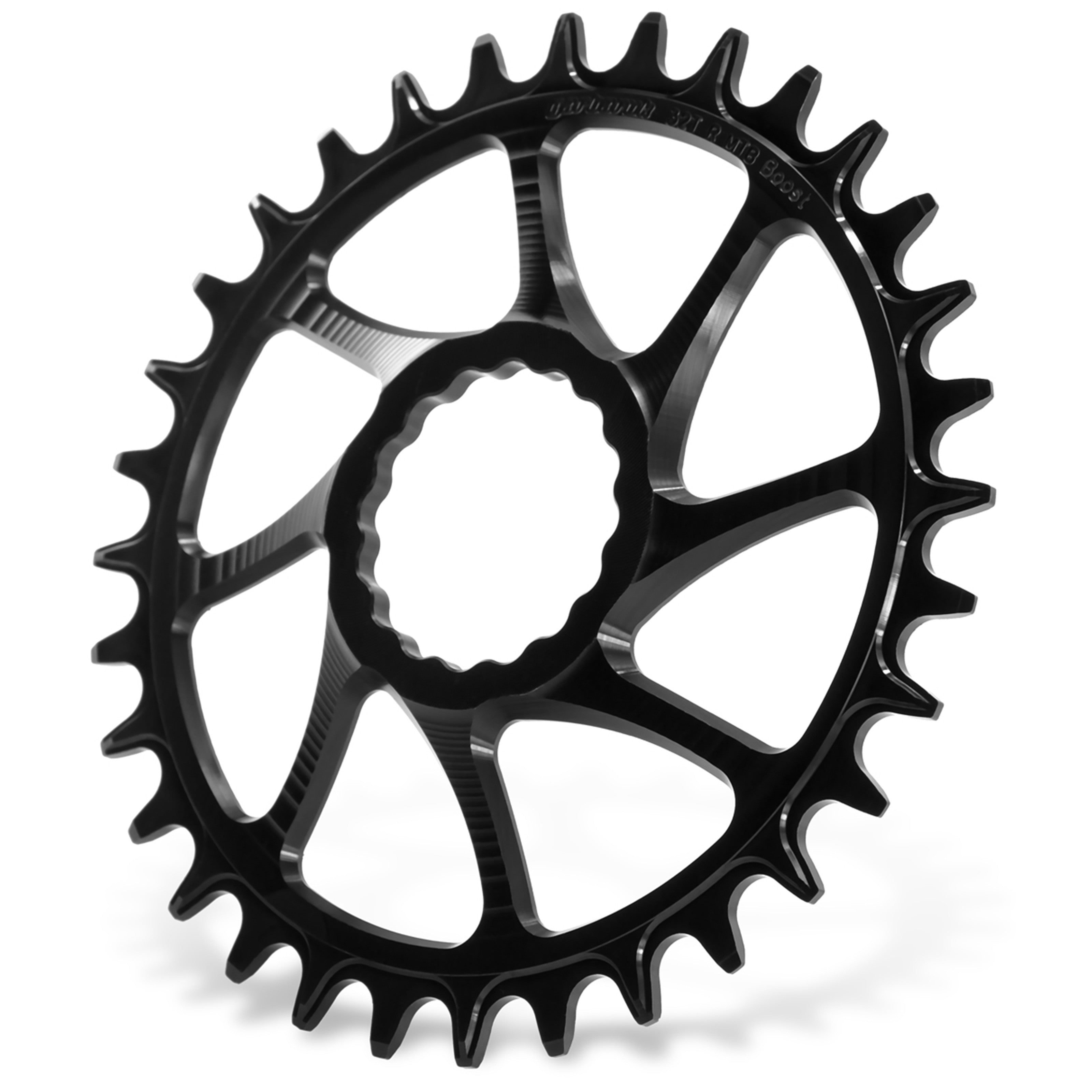 Angled view of Garbaruk DM MTB chainring for Race Face Cinch Boost, highlighting its precision-machined structure and tooth design