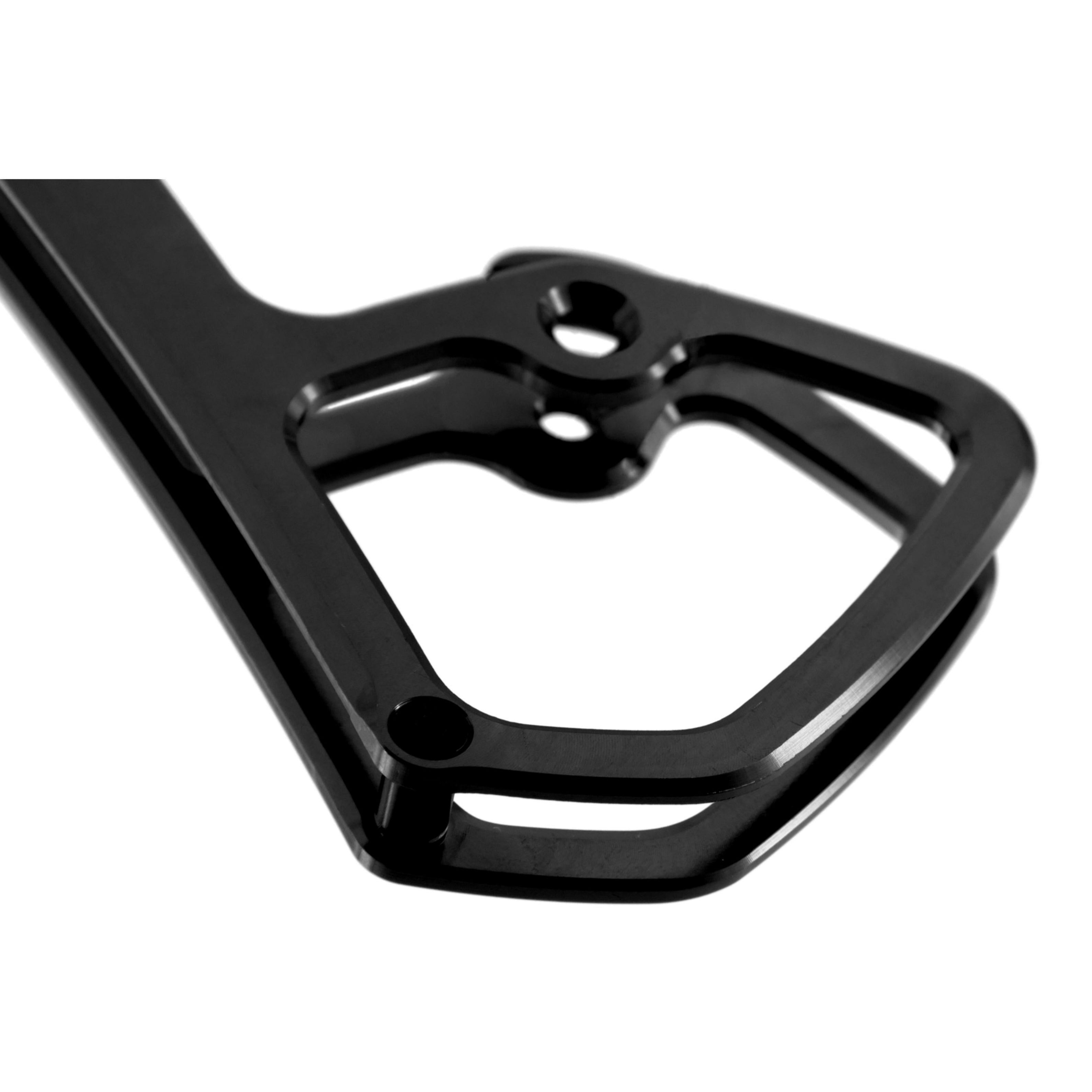 Detailed view of the baes of a Garbaruk rear derailleur cage for Shimano GRX 11-speed in black, showing precision machining and finish quality