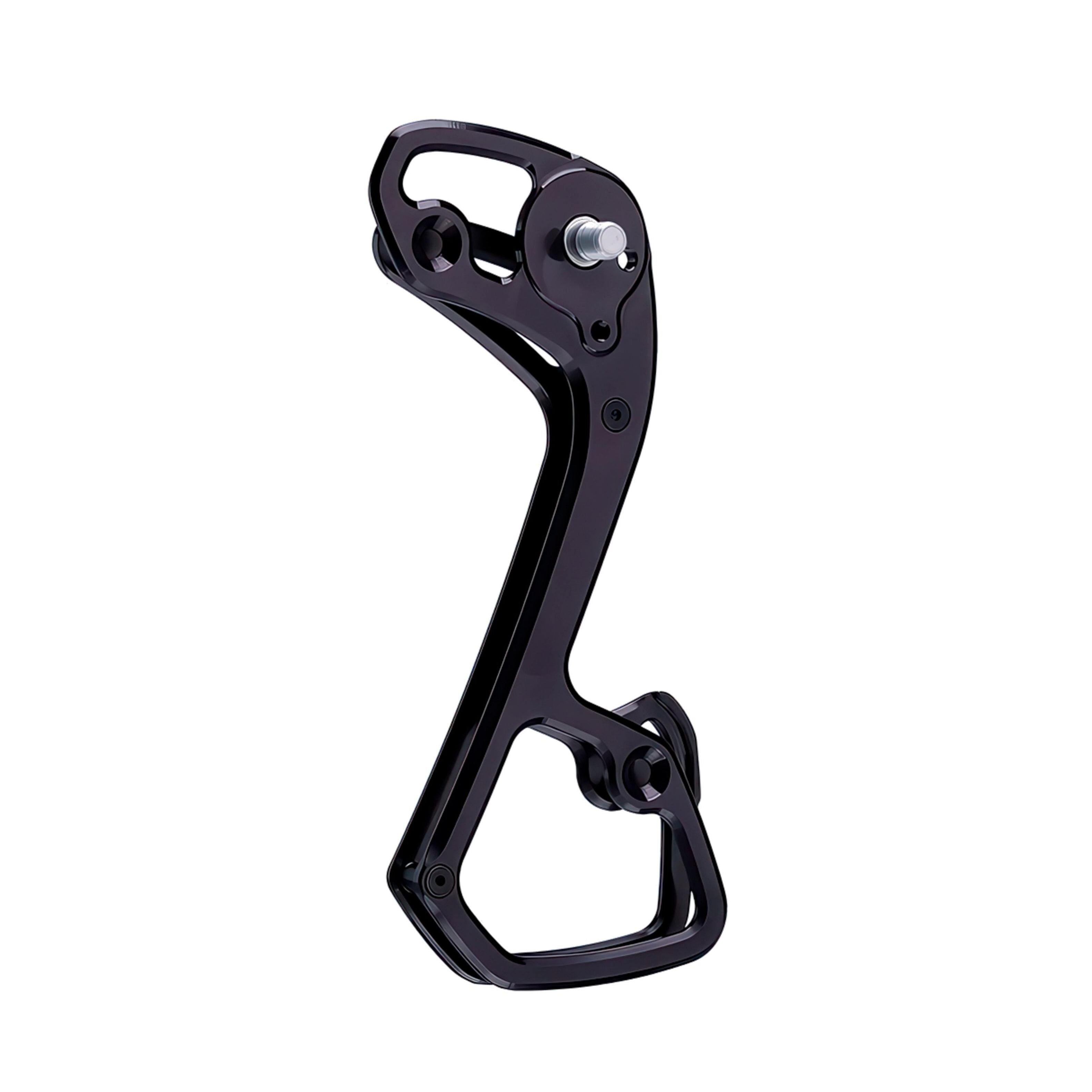 Garbaruk rear derailleur cage for Shimano 11-speed, shown in black, CNC-machined for strength, weight savings, and extended gear range