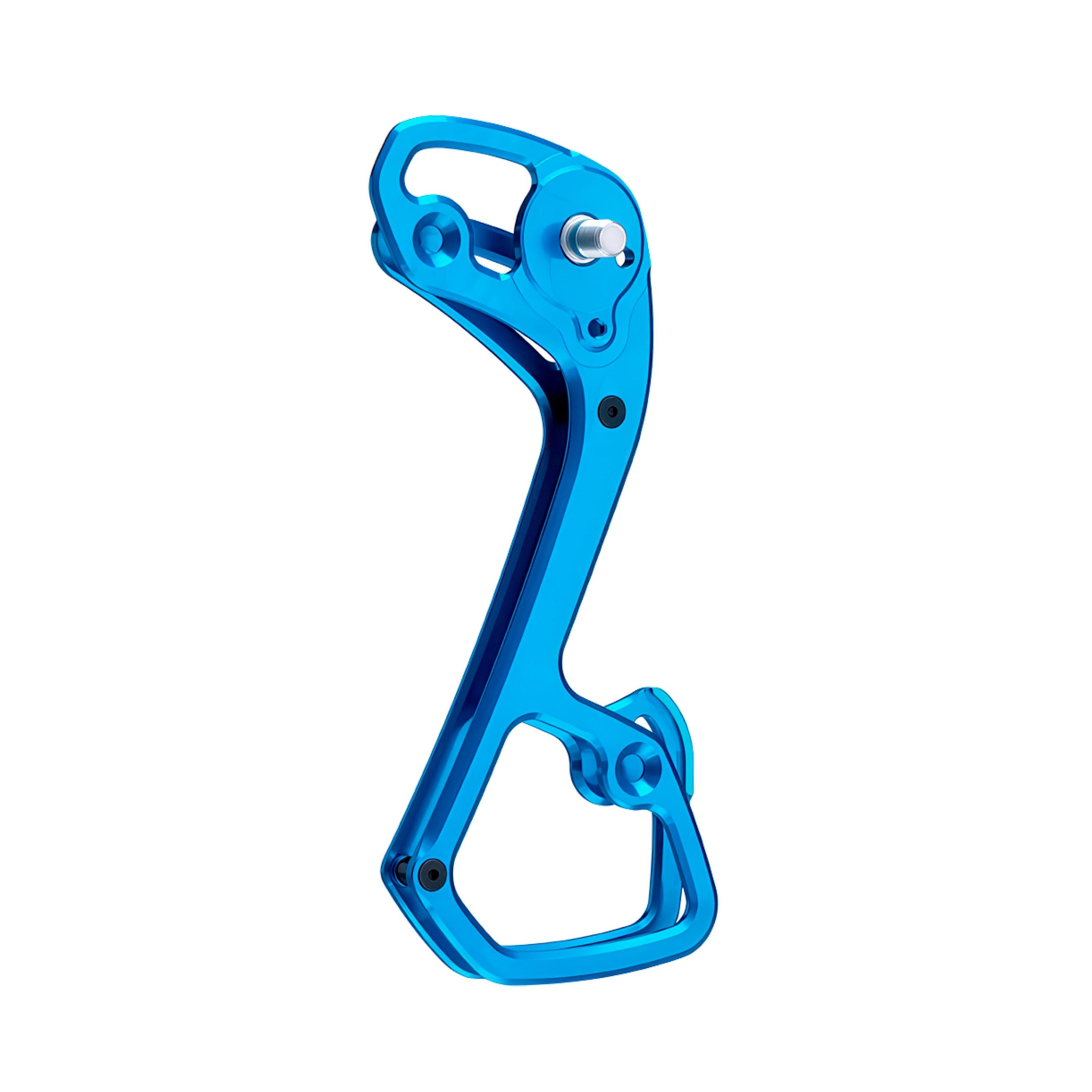 Garbaruk rear derailleur cage for Shimano 11-speed, shown in blue, CNC-machined for strength, weight savings, and extended gear range