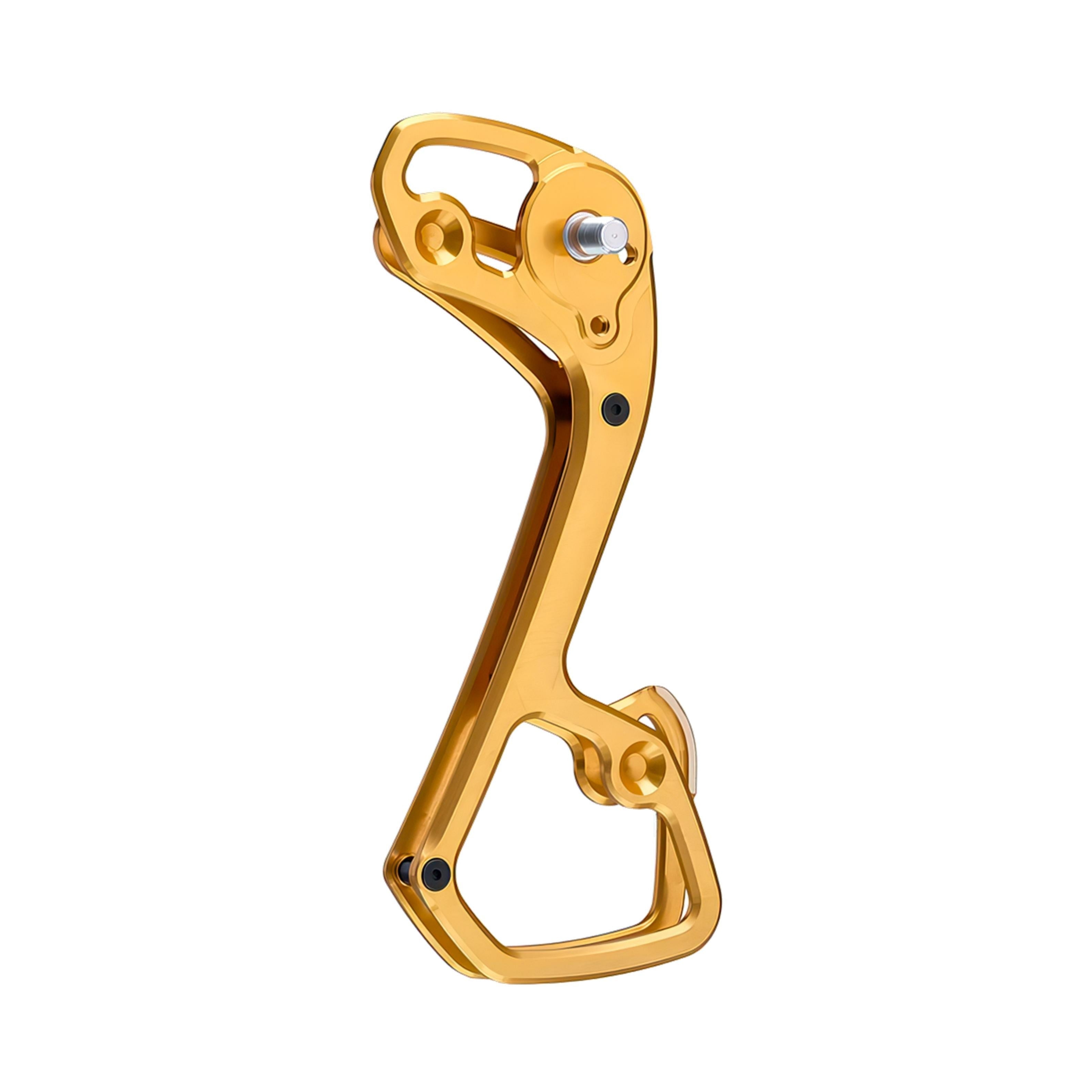 Garbaruk rear derailleur cage for Shimano 11-speed, shown in gold, CNC-machined for strength, weight savings, and extended gear range