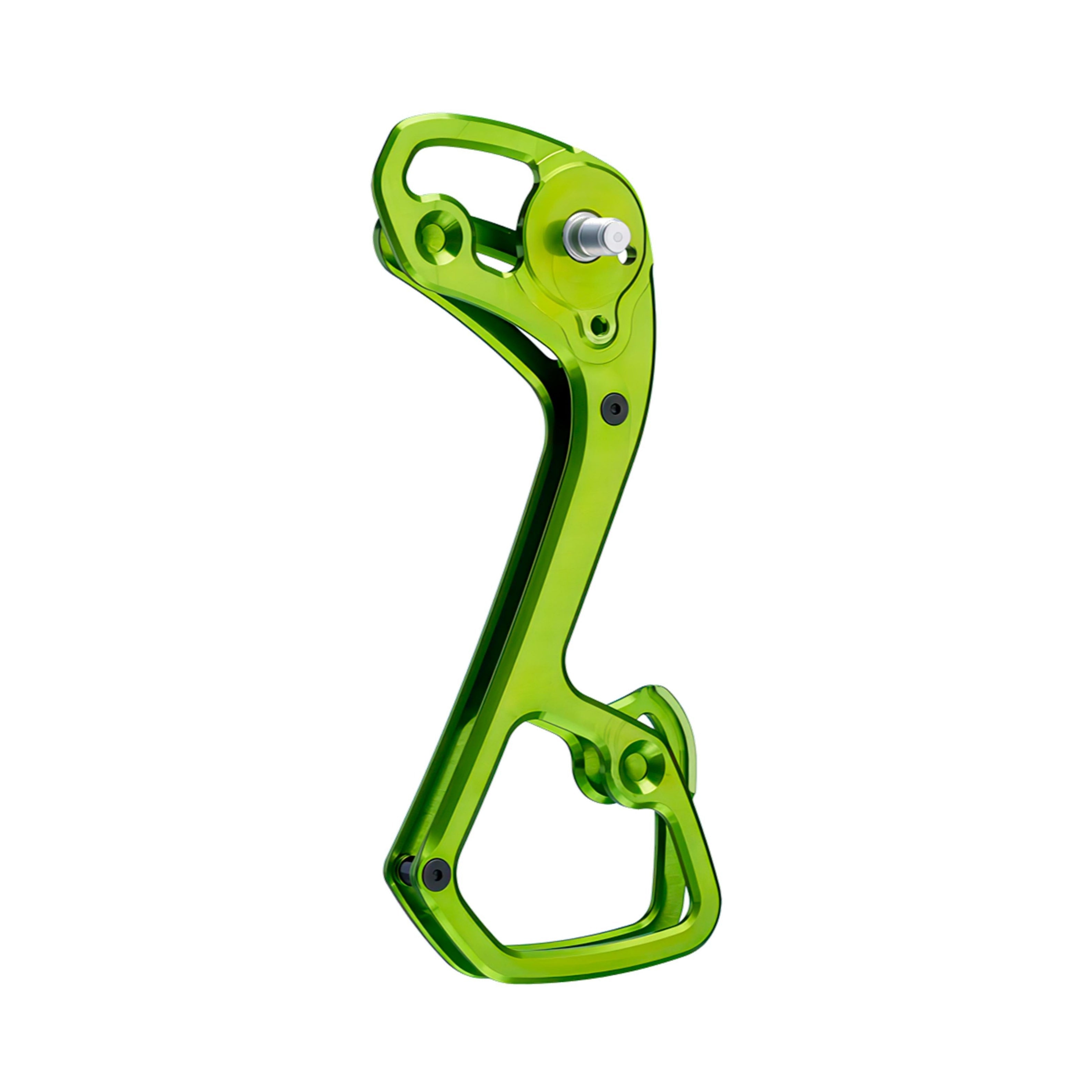 Garbaruk rear derailleur cage for Shimano 11-speed, shown in green, CNC-machined for strength, weight savings, and extended gear range