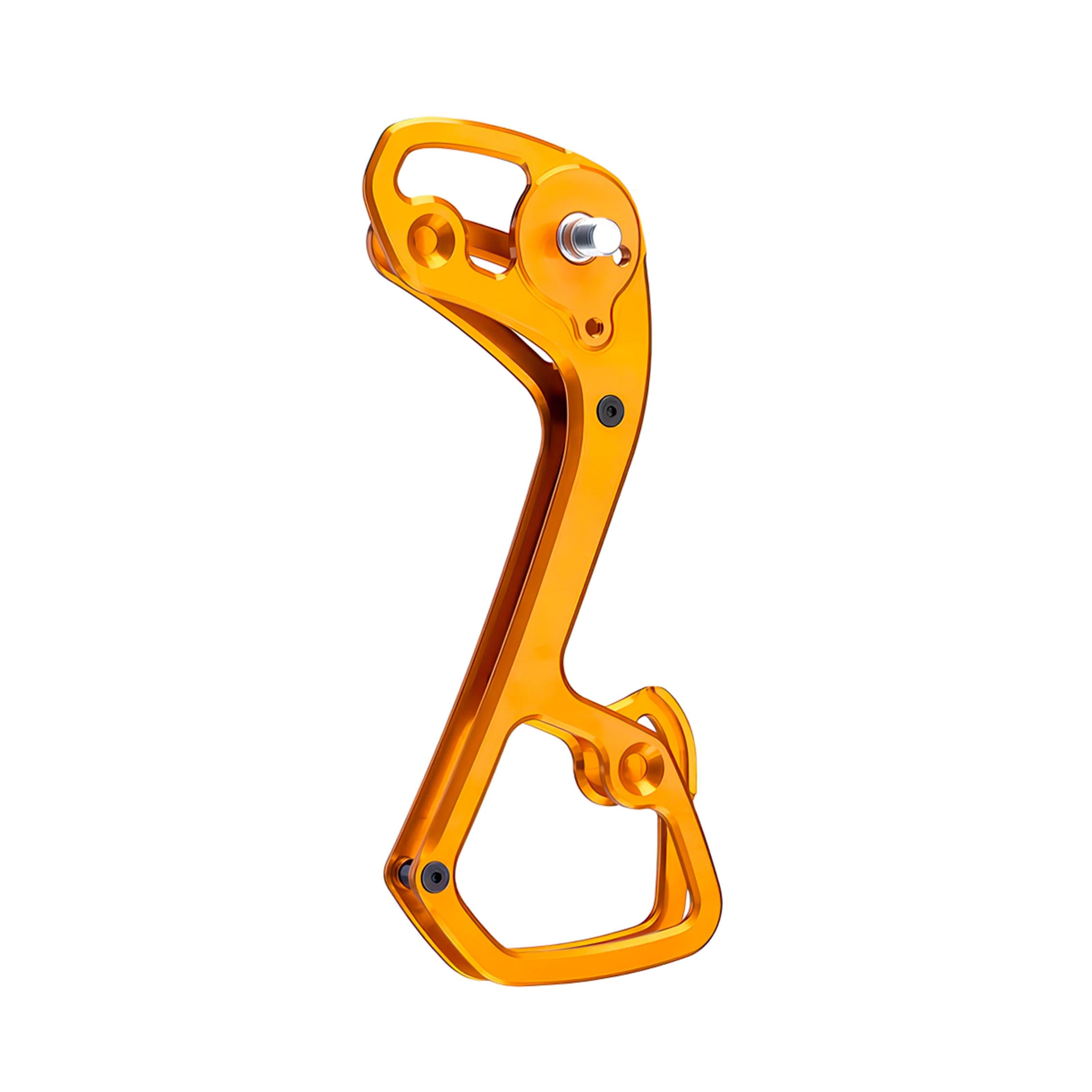 Garbaruk rear derailleur cage for Shimano 11-speed, shown in orange, CNC-machined for strength, weight savings, and extended gear range