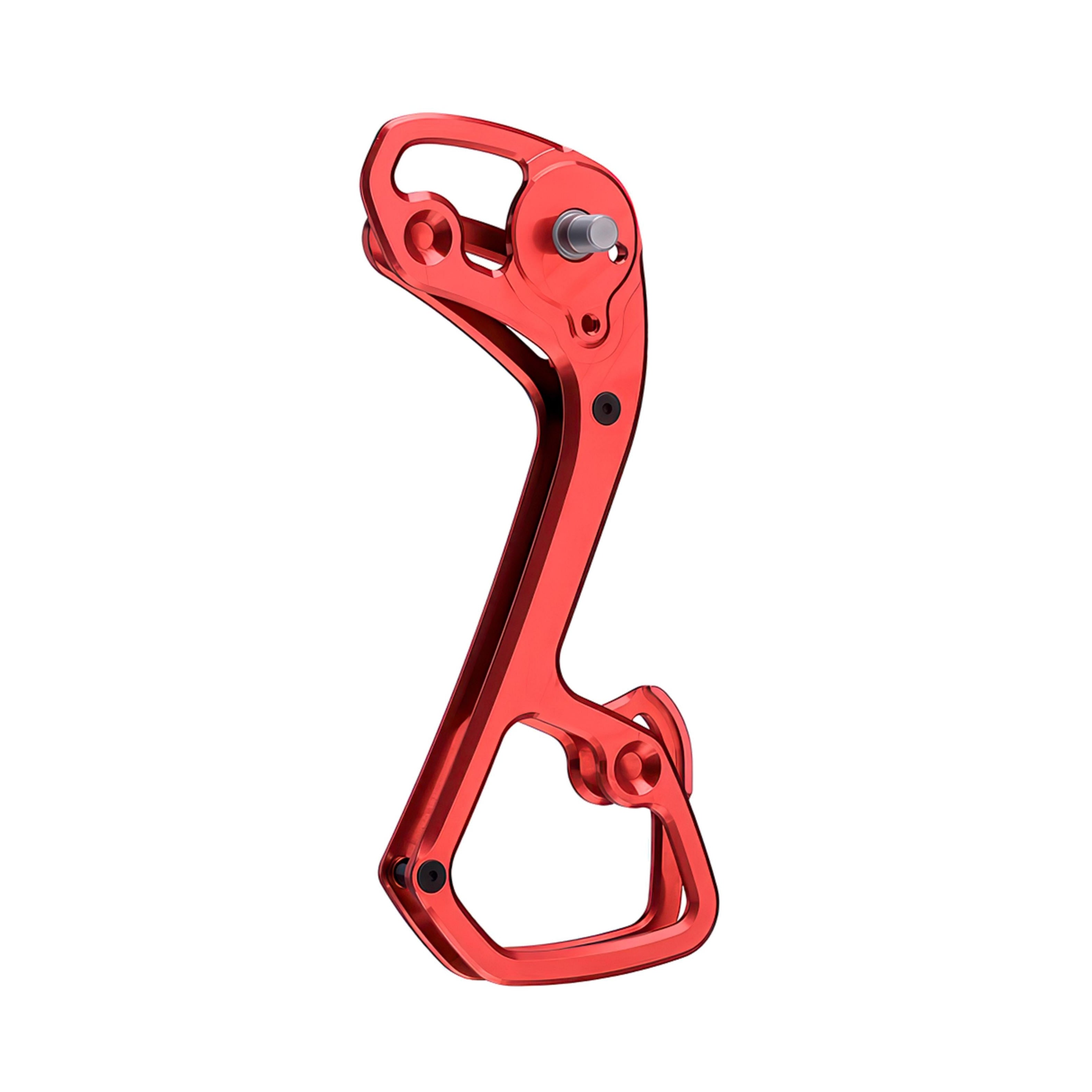 Garbaruk rear derailleur cage for Shimano 11-speed, shown in red, CNC-machined for strength, weight savings, and extended gear range